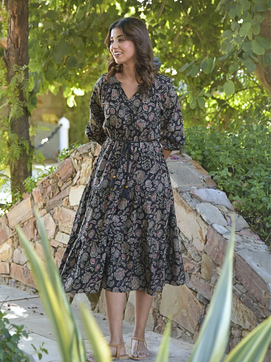 Black Ethnic Floral Print Boho Midi Dress