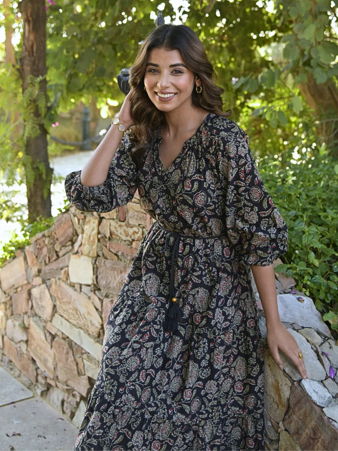 Black Ethnic Floral Print Boho Midi Dress