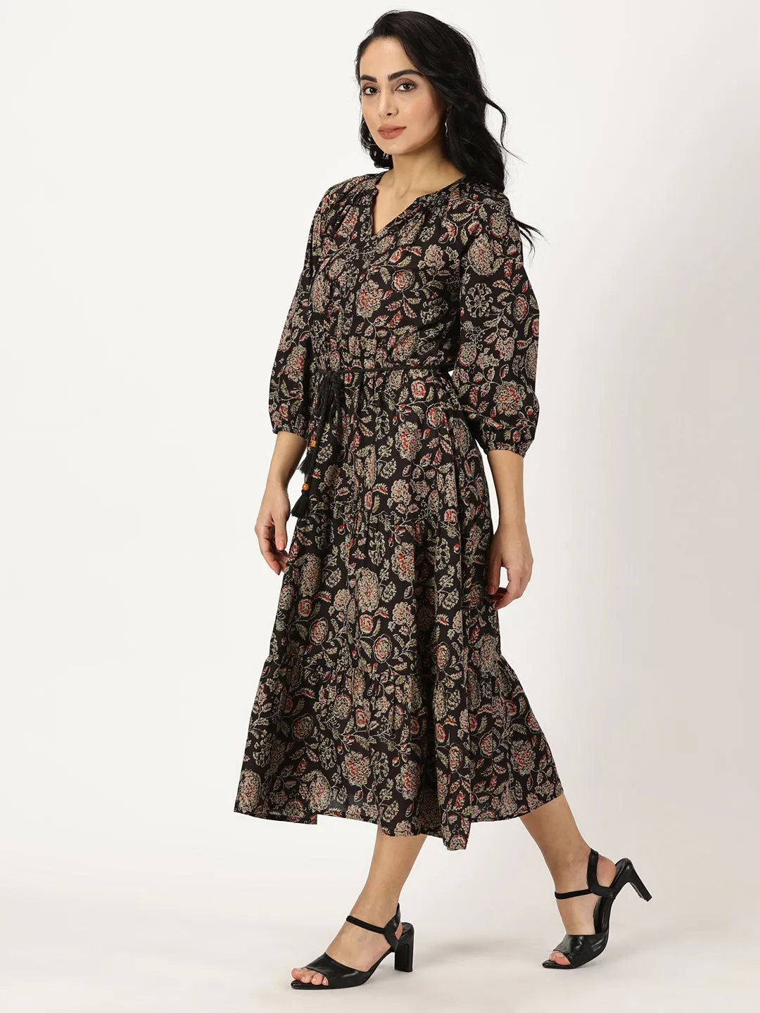 Black Ethnic Floral Print Boho Midi Dress