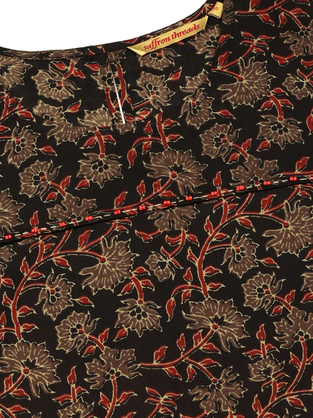 Black Ethnic Floral Print Dress with Embroidered Patch Pockets