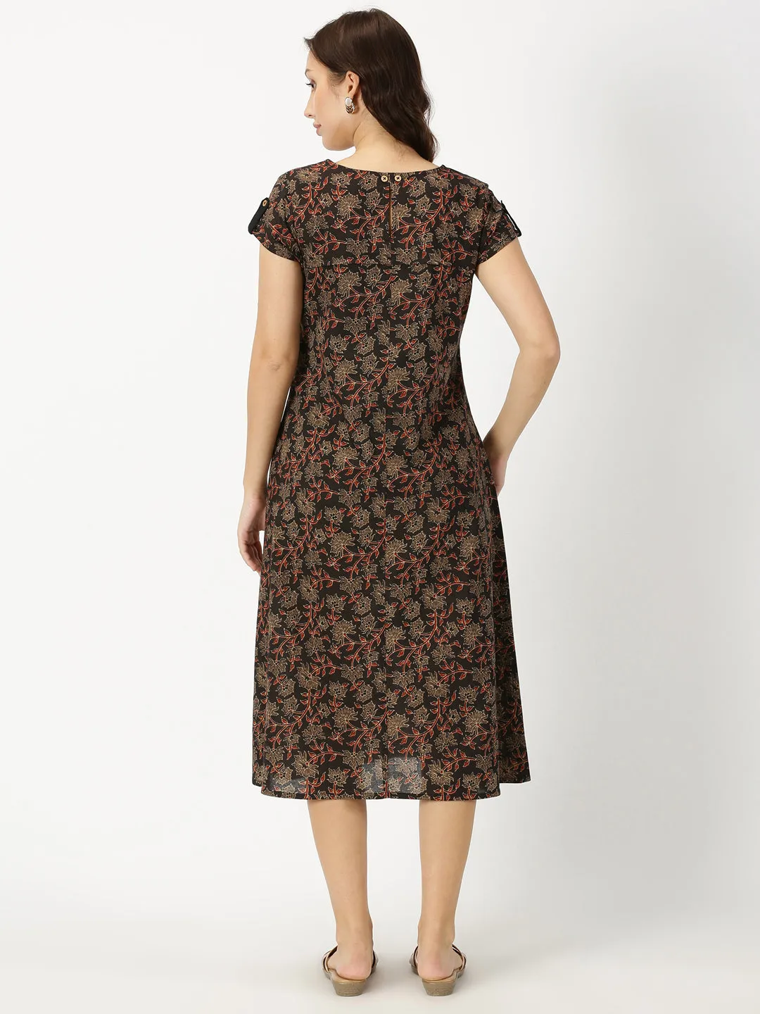 Black Ethnic Floral Print Dress with Embroidered Patch Pockets