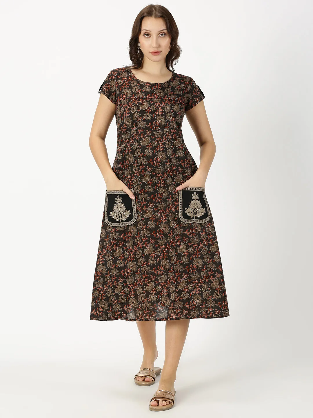 Black Ethnic Floral Print Dress with Embroidered Patch Pockets