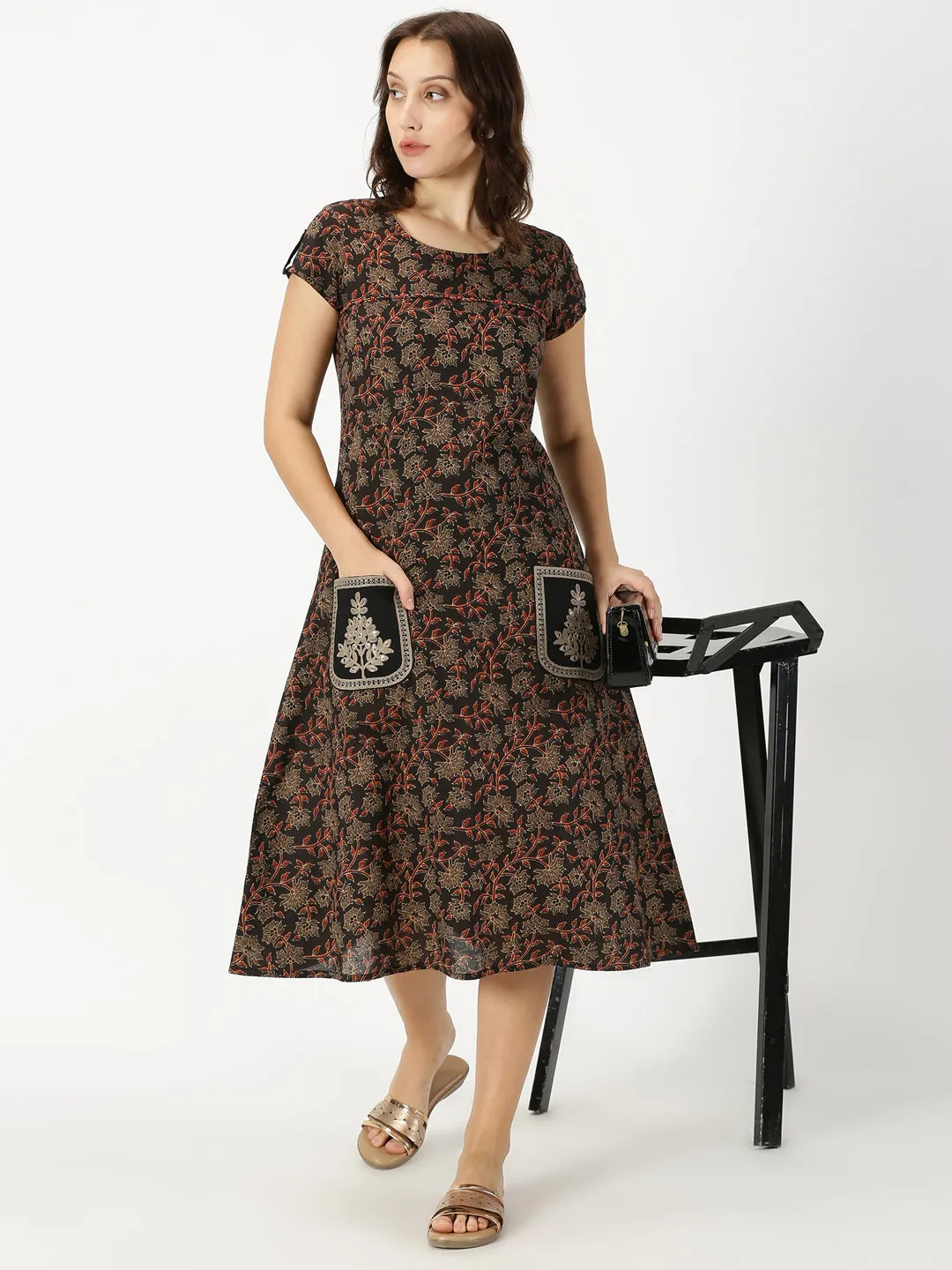 Black Ethnic Floral Print Dress with Embroidered Patch Pockets