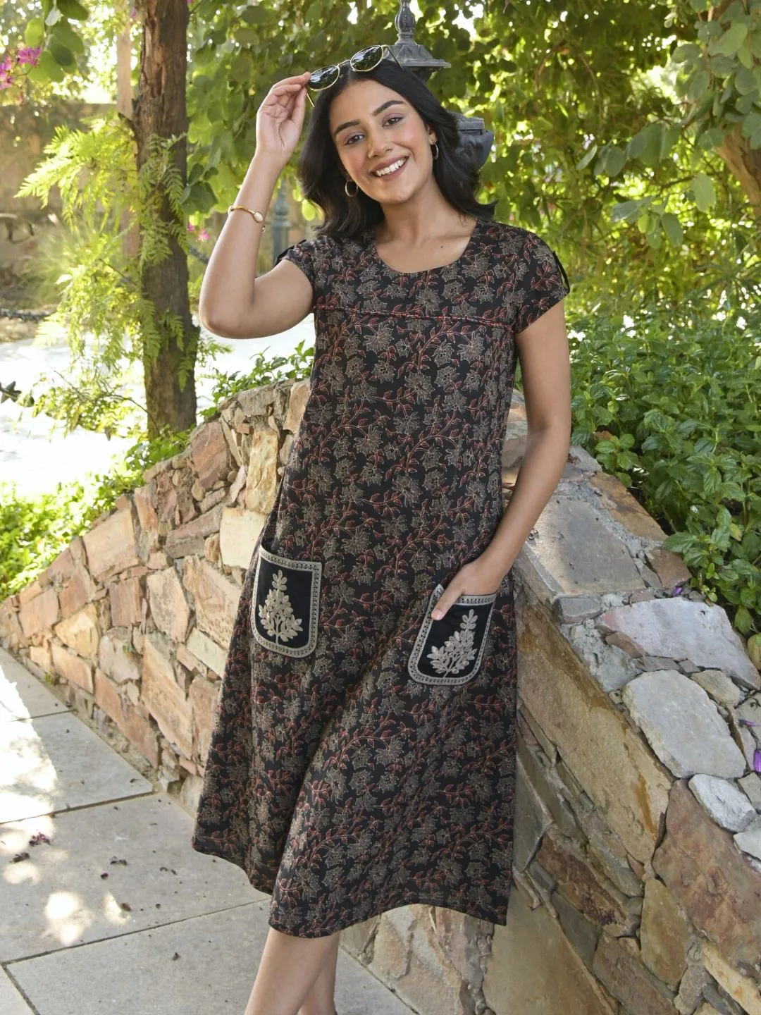 Black Ethnic Floral Print Dress with Embroidered Patch Pockets