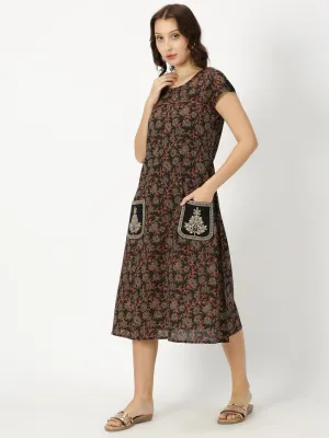 Black Ethnic Floral Print Dress with Embroidered Patch Pockets