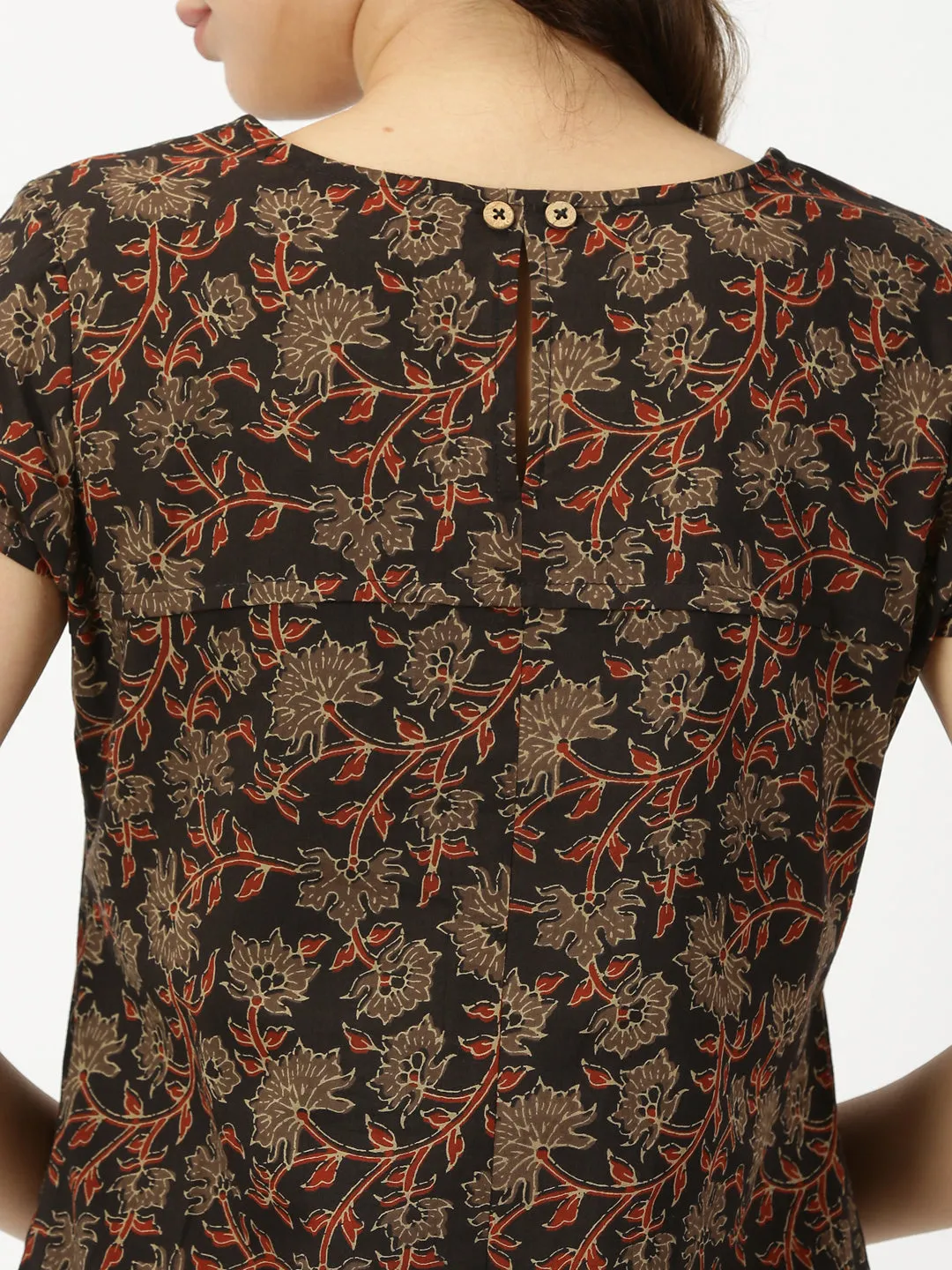 Black Ethnic Floral Print Dress with Embroidered Patch Pockets