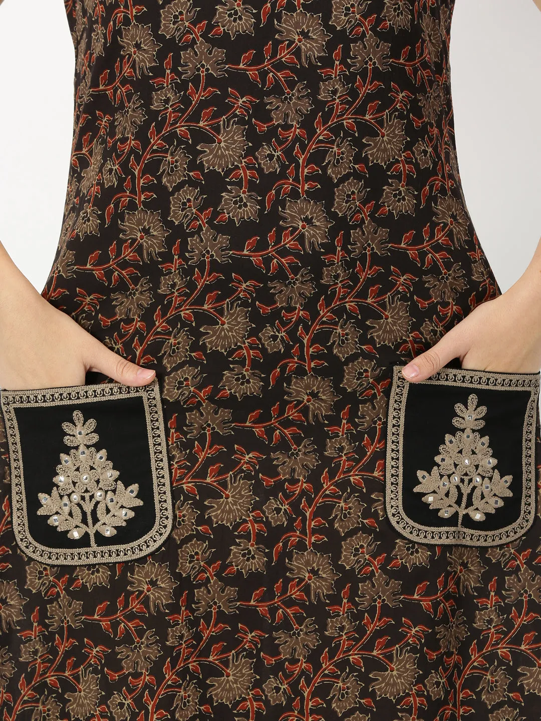 Black Ethnic Floral Print Dress with Embroidered Patch Pockets