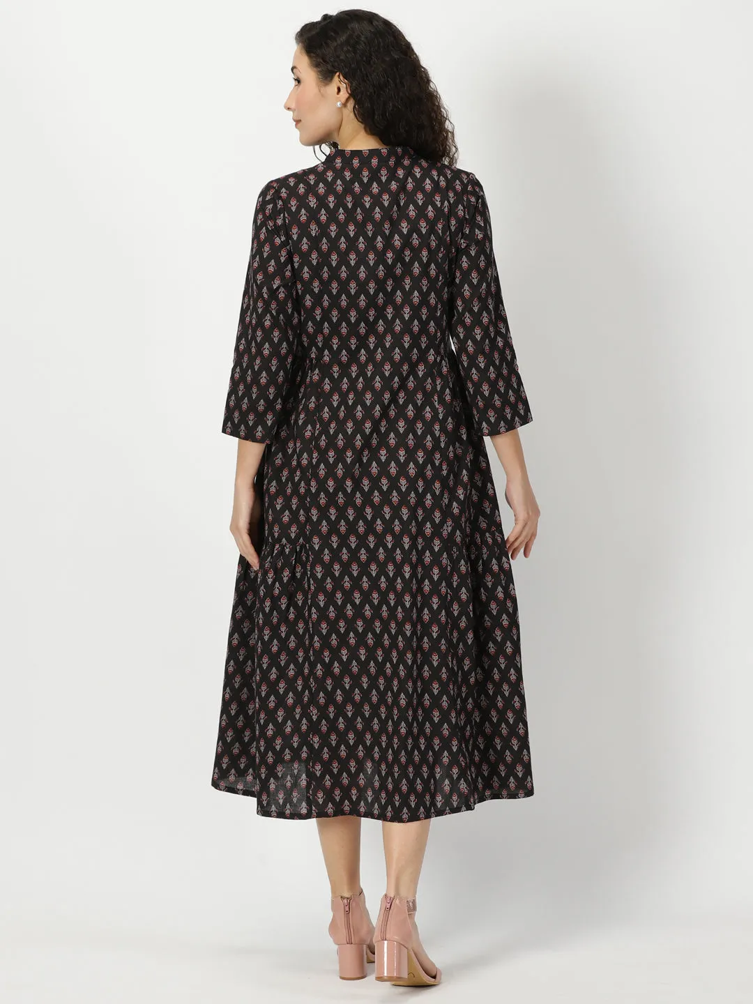 Black Ethnic Motifs Print Gathered Midi Dress