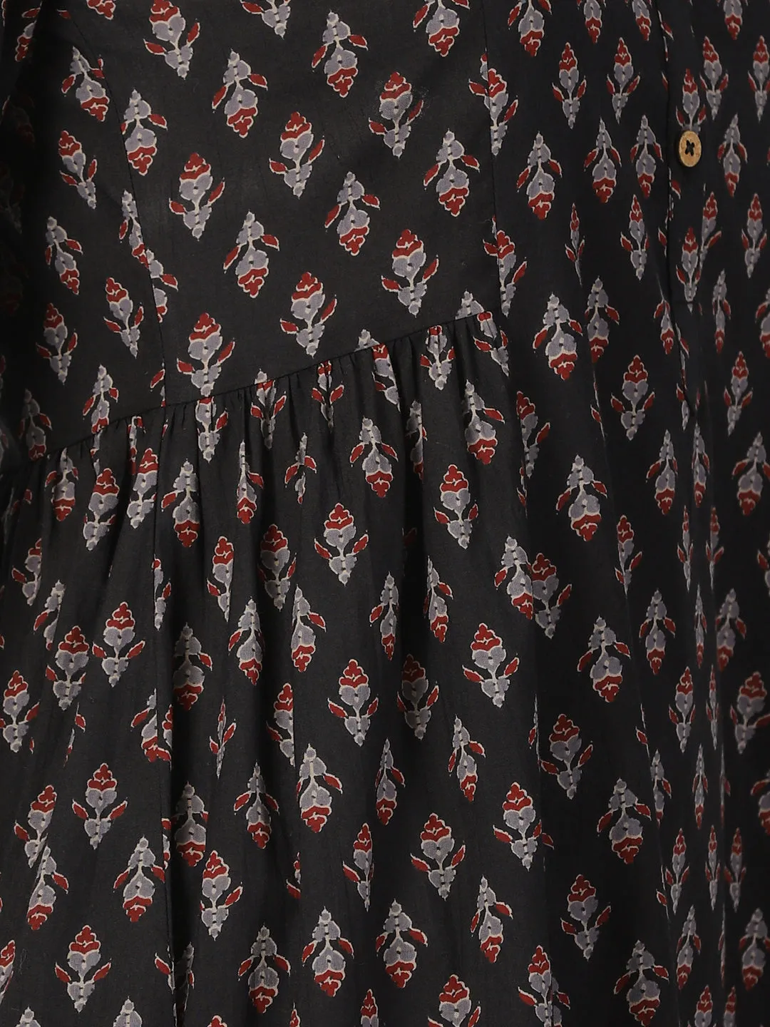 Black Ethnic Motifs Print Gathered Midi Dress