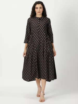 Black Ethnic Motifs Print Gathered Midi Dress