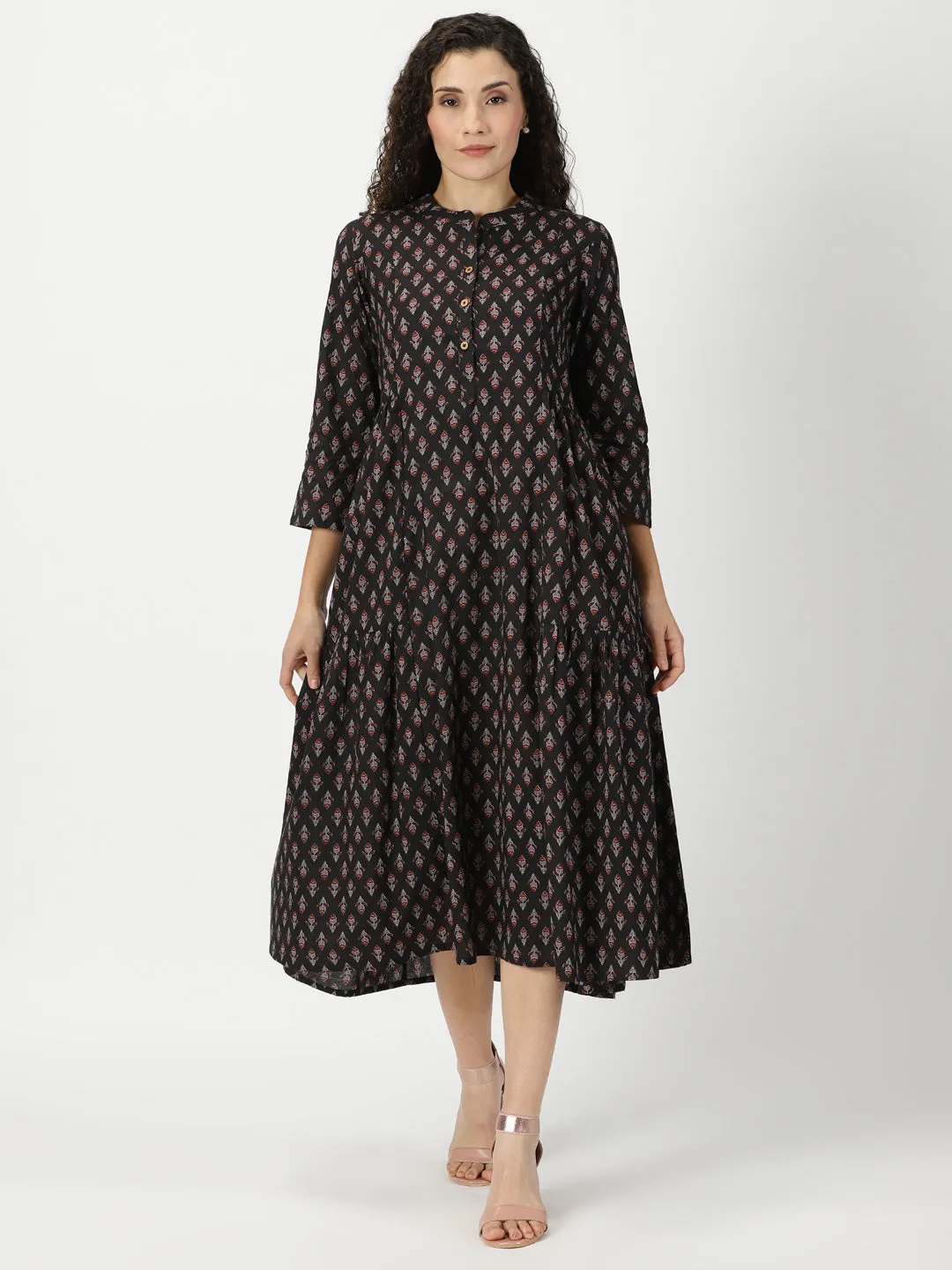 Black Ethnic Motifs Print Gathered Midi Dress