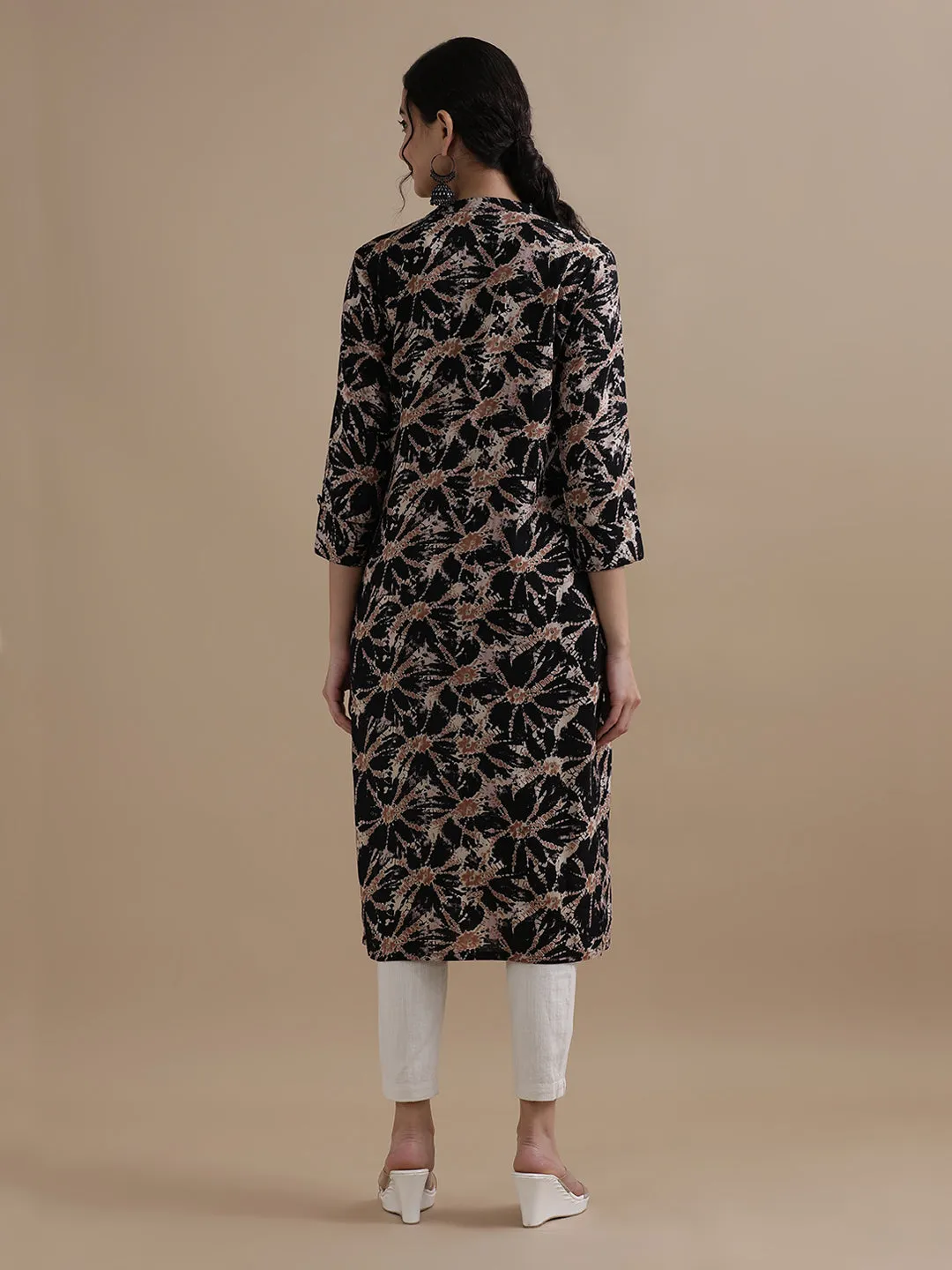 Black Floral Printed Straight Kurta