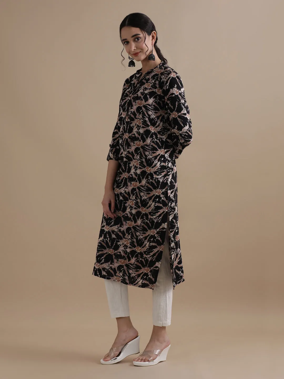 Black Floral Printed Straight Kurta