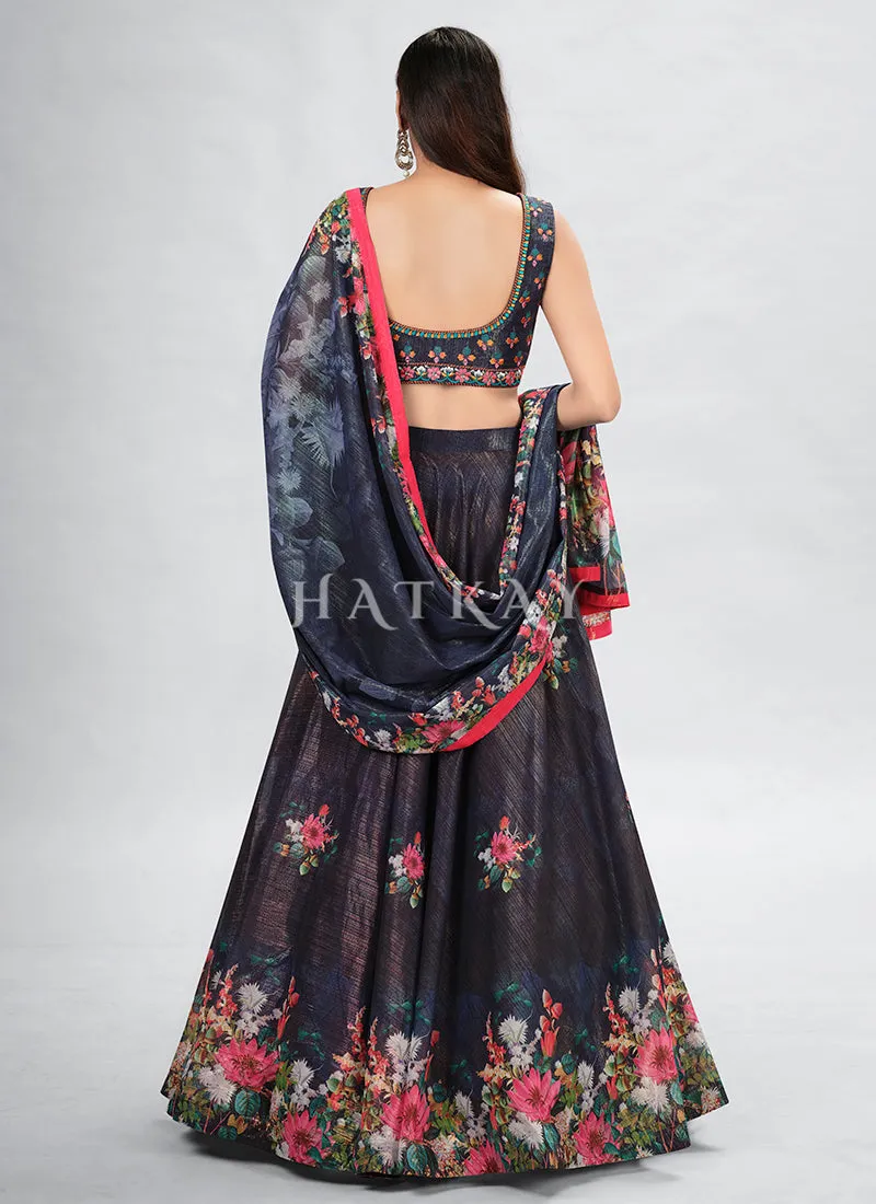 Black Foil Mirror Embroidery Silk Lehenga Choli