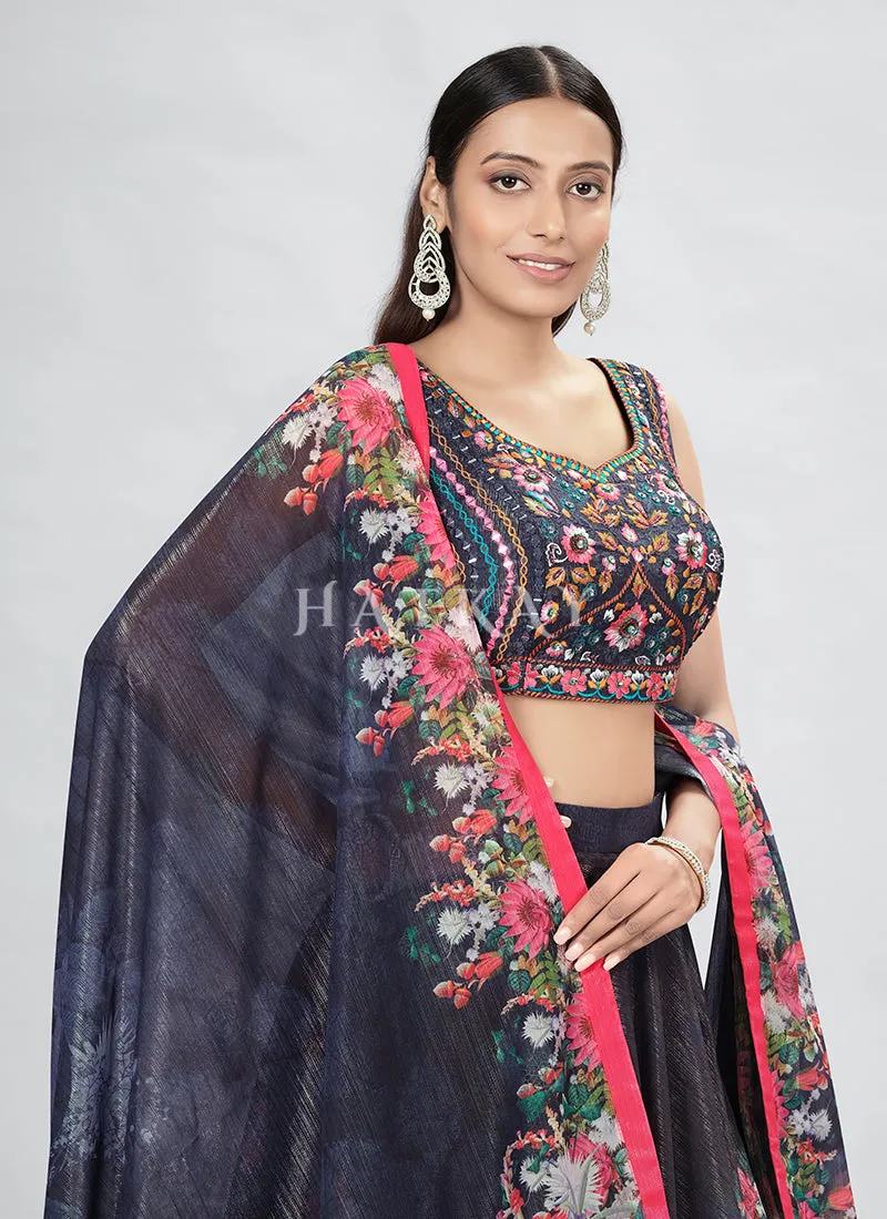 Black Foil Mirror Embroidery Silk Lehenga Choli