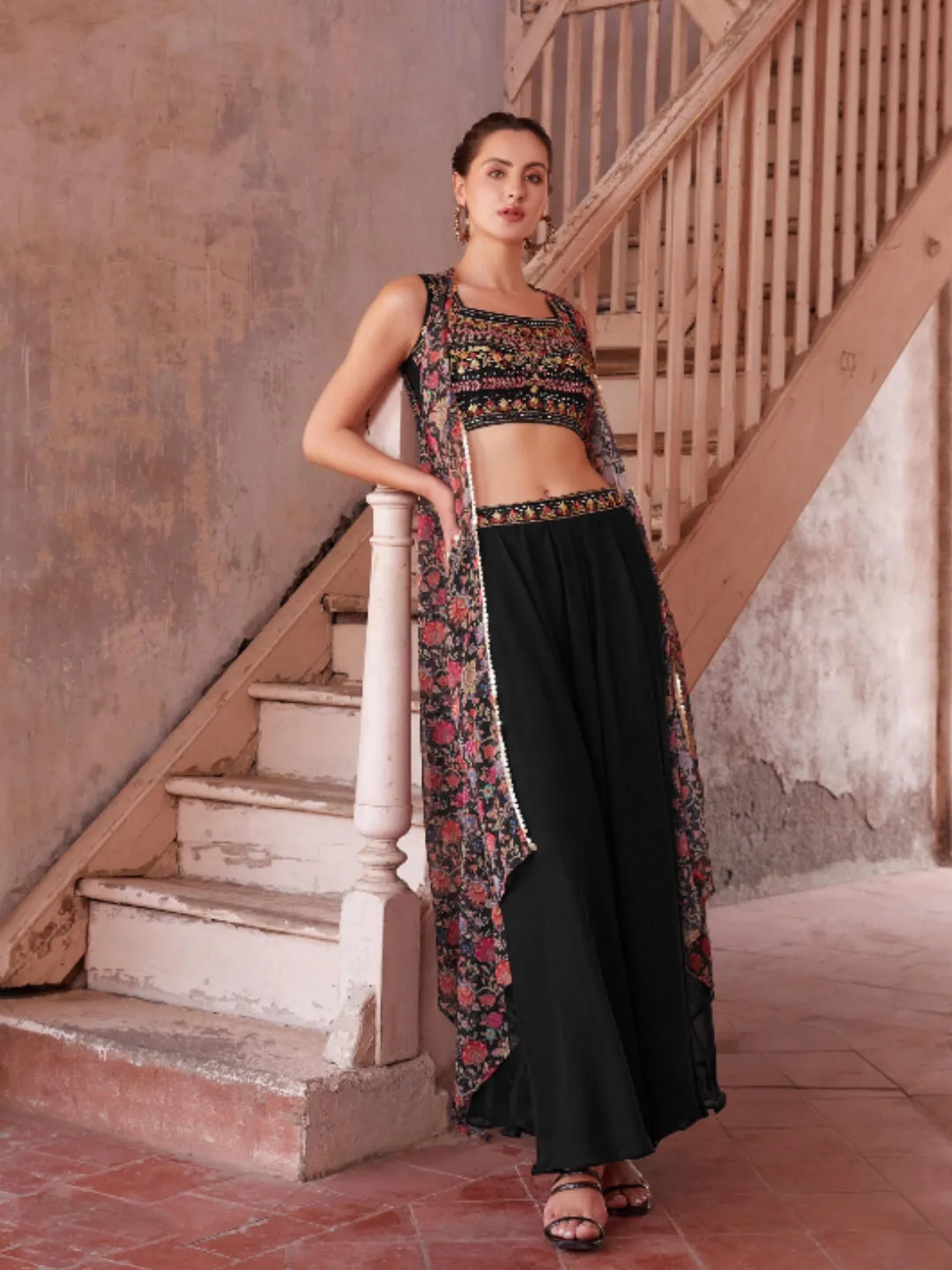 Black Georgette Embroidery Plazzo set - Rent