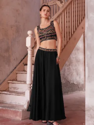 Black Georgette Embroidery Plazzo set - Rent