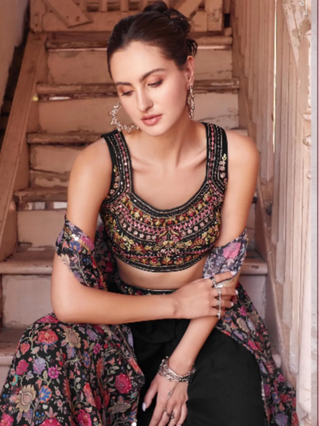 Black Georgette Embroidery Plazzo set - Rent