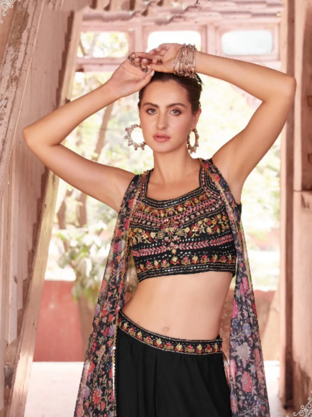 Black Georgette Embroidery Plazzo set - Rent