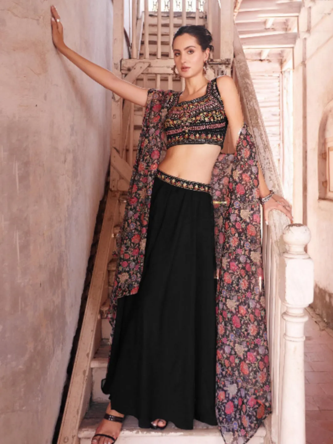 Black Georgette Embroidery Plazzo set - Rent