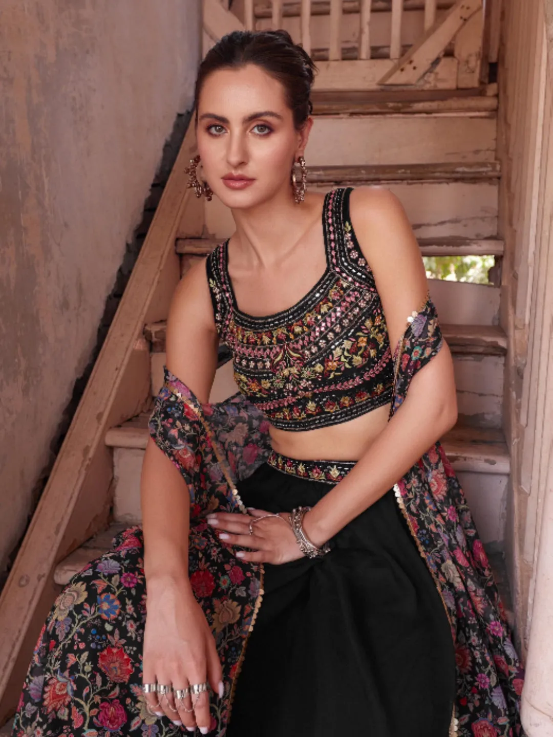 Black Georgette Embroidery Plazzo set - Rent