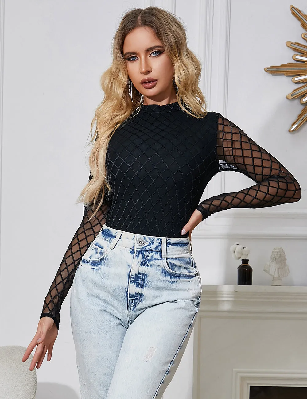Black High Neck Mesh Minimalist Bodysuit Egypt