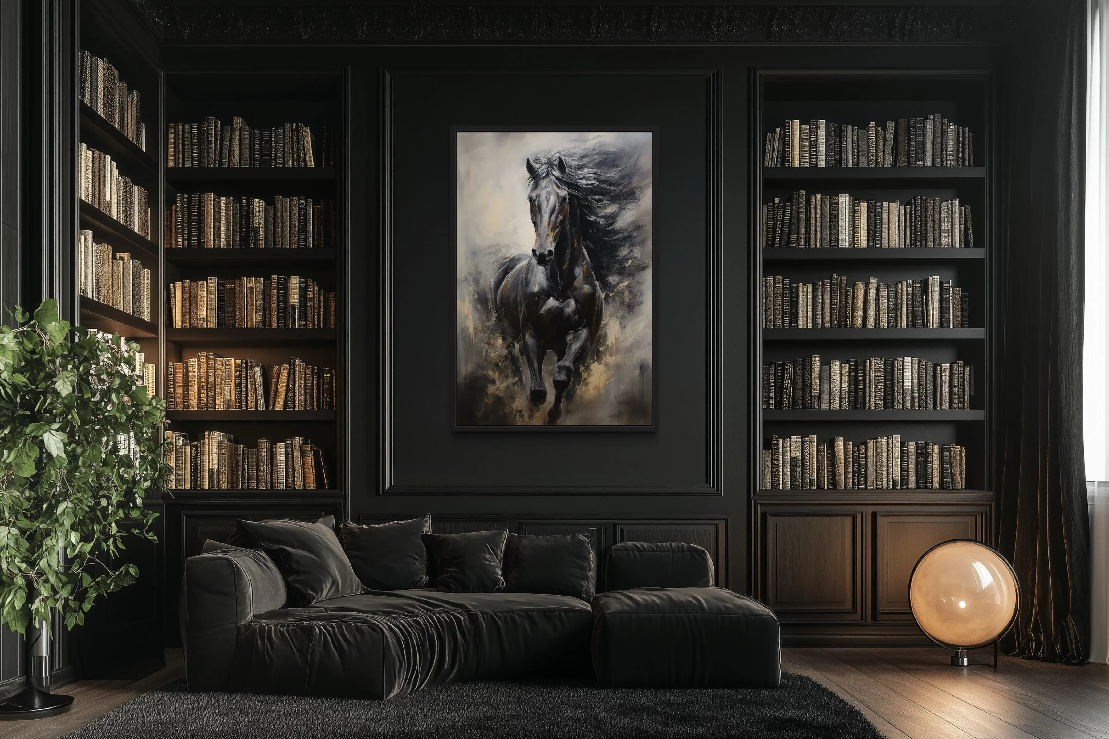 Black Horse Modern Abstract Vertical Painting Extra Large Framed Canvas Wall Art