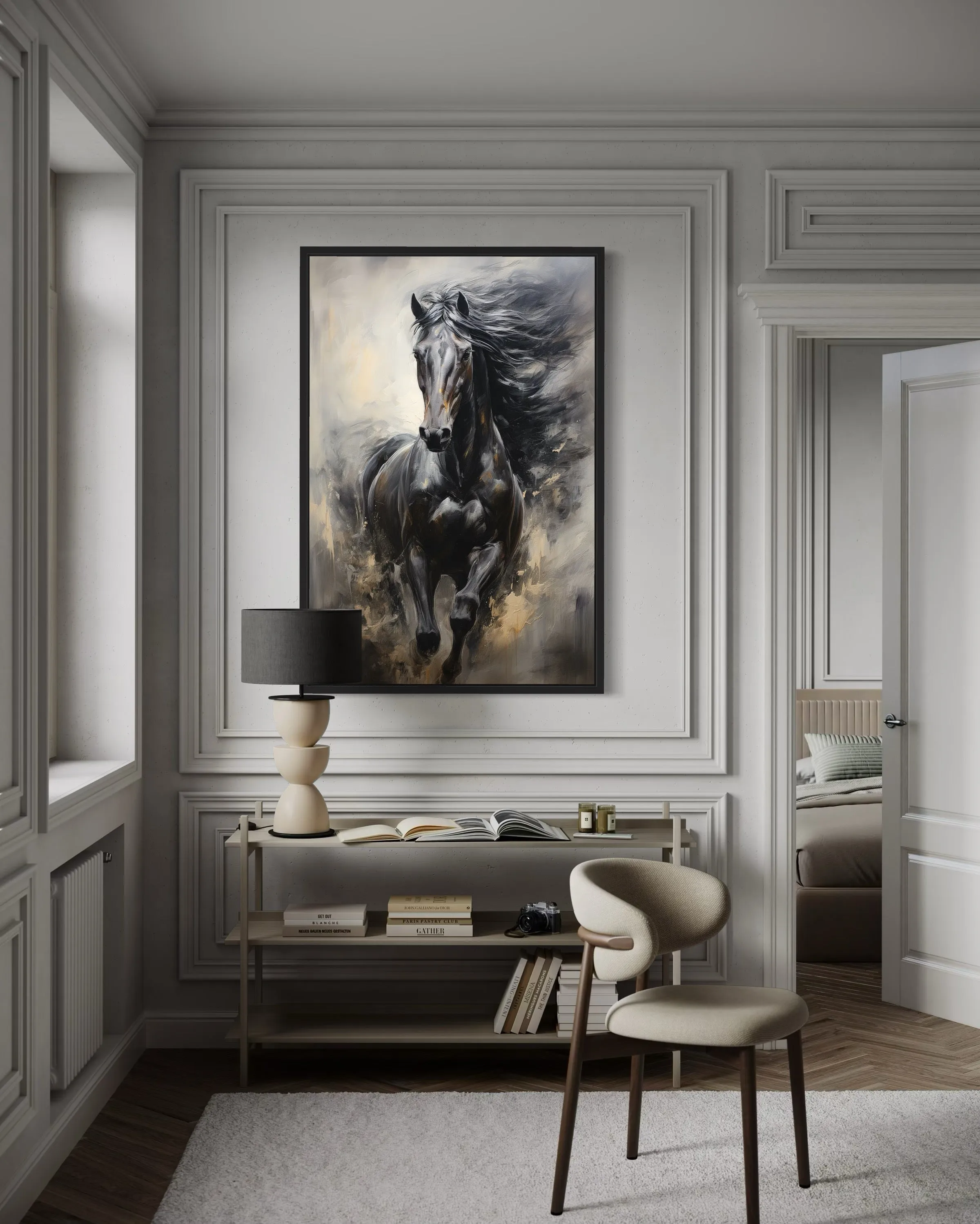 Black Horse Modern Abstract Vertical Painting Extra Large Framed Canvas Wall Art