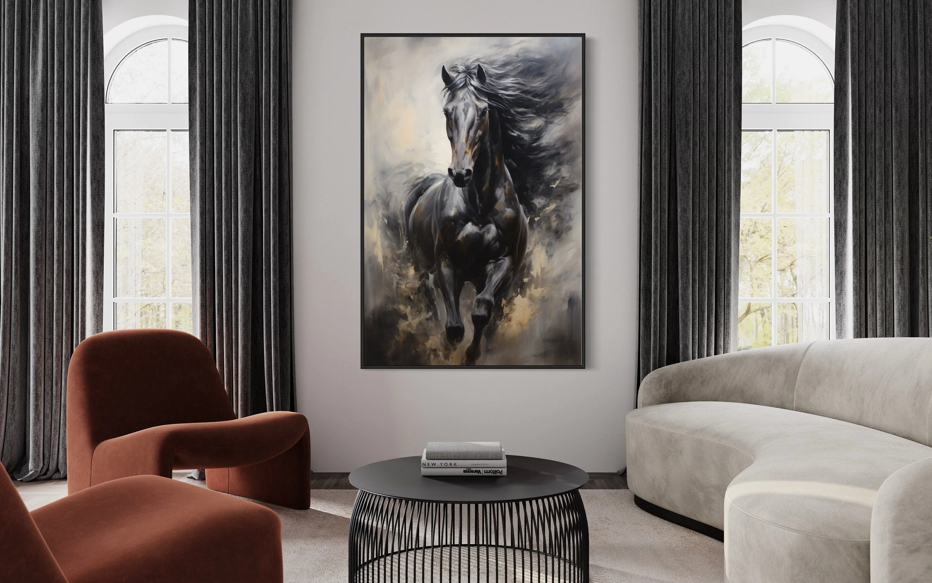 Black Horse Modern Abstract Vertical Painting Extra Large Framed Canvas Wall Art