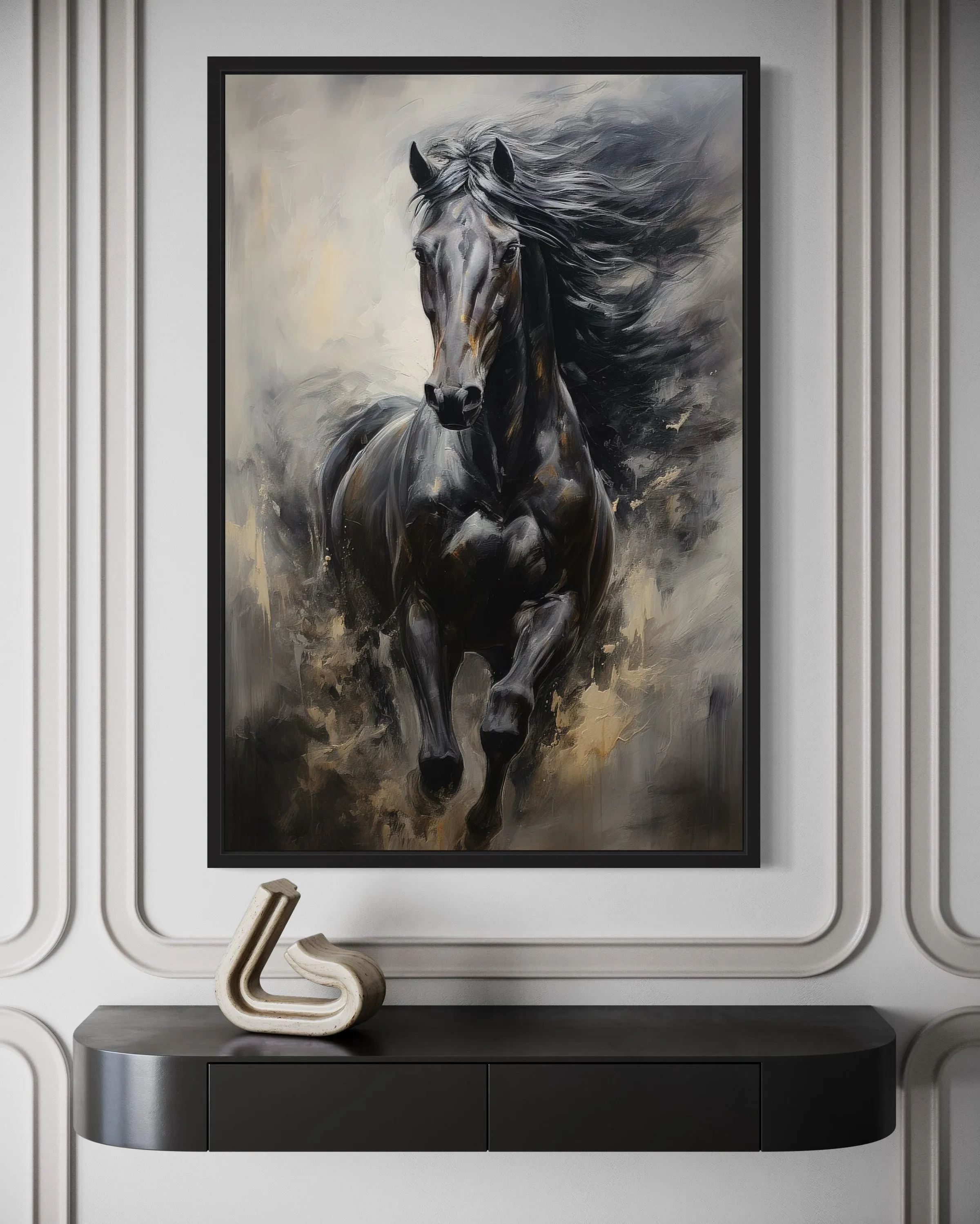 Black Horse Modern Abstract Vertical Painting Extra Large Framed Canvas Wall Art