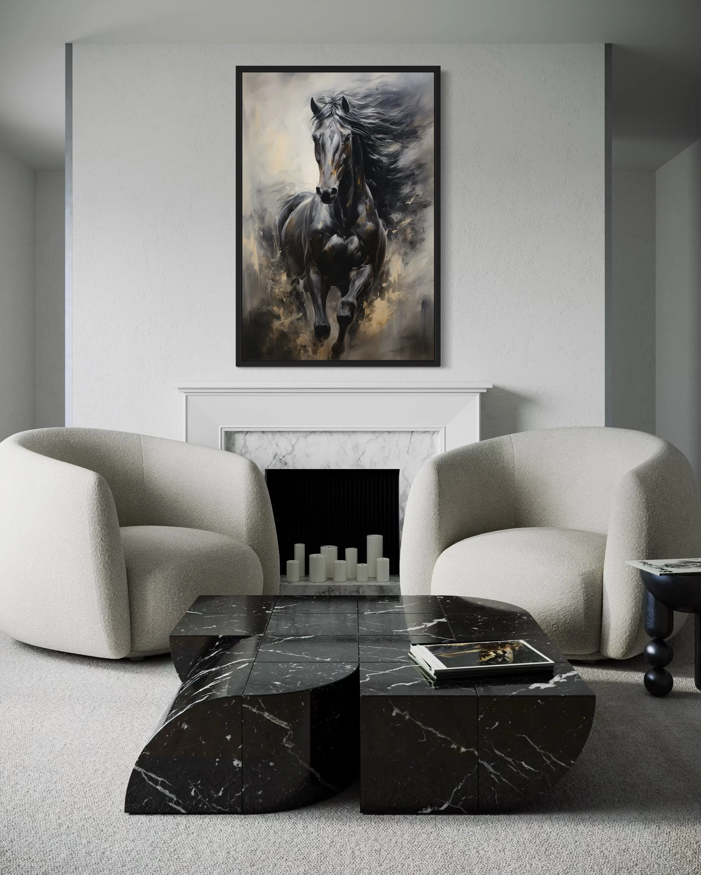 Black Horse Modern Abstract Vertical Painting Extra Large Framed Canvas Wall Art