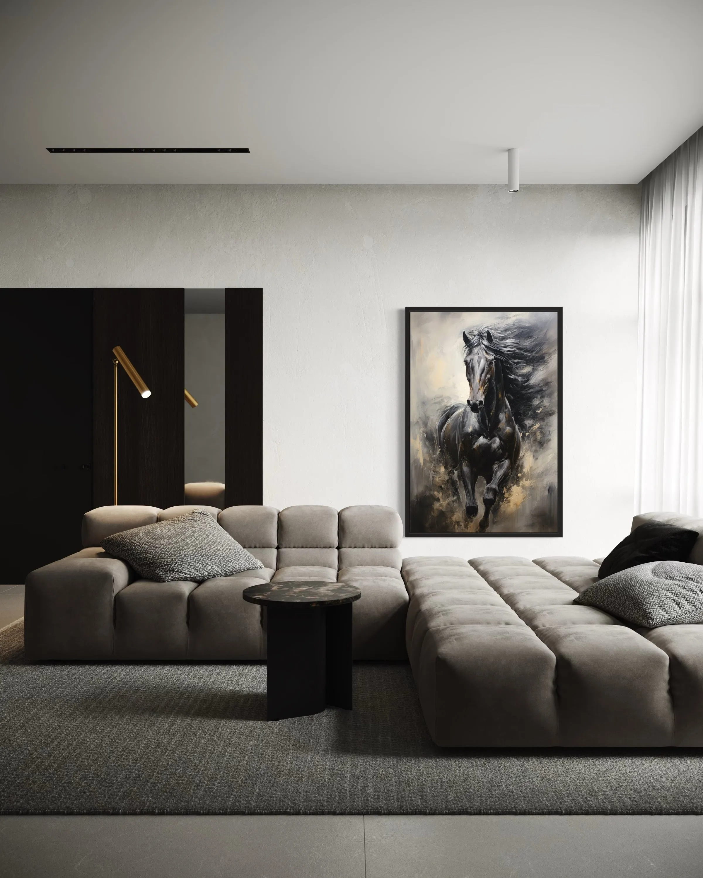 Black Horse Modern Abstract Vertical Painting Extra Large Framed Canvas Wall Art