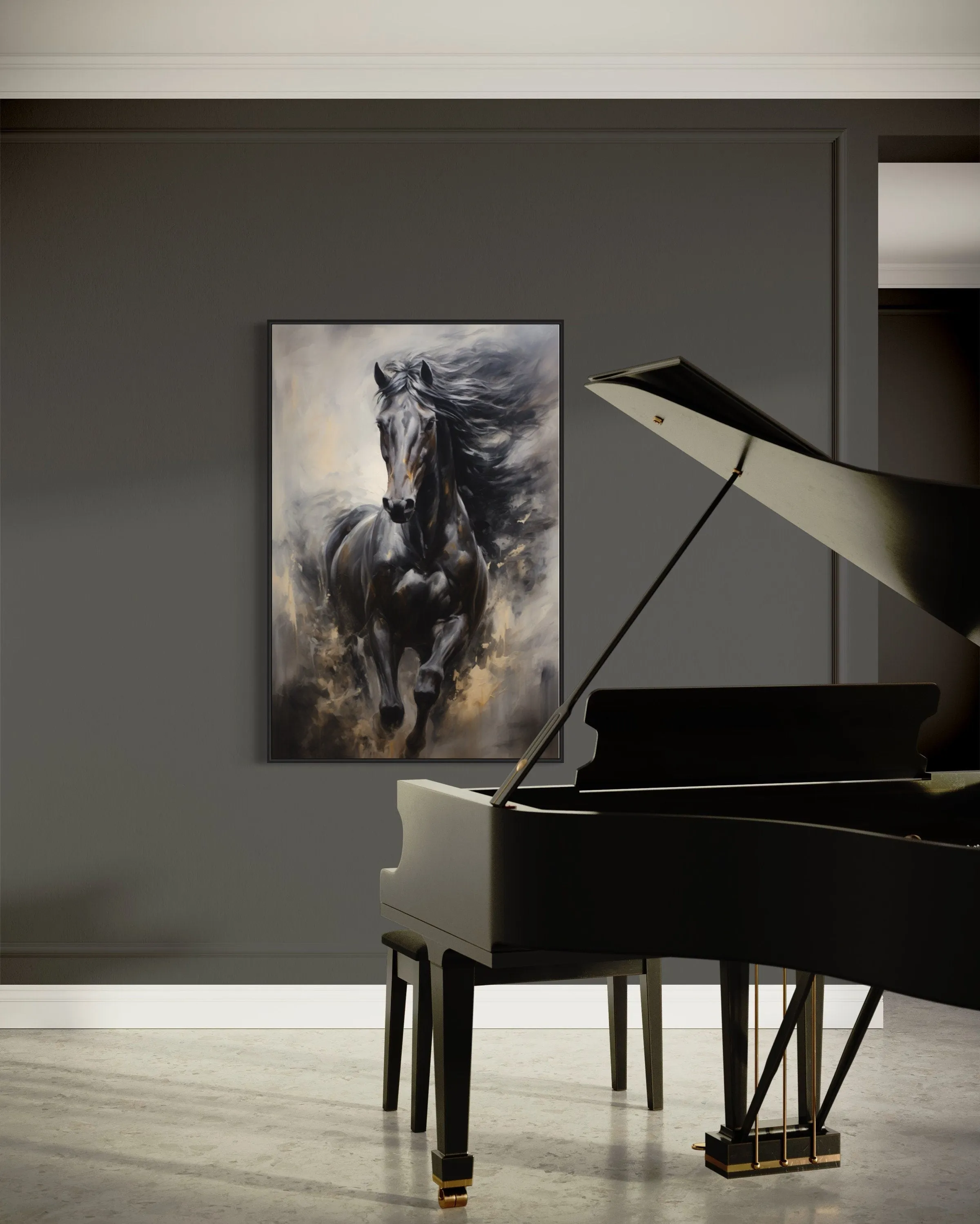 Black Horse Modern Abstract Vertical Painting Extra Large Framed Canvas Wall Art