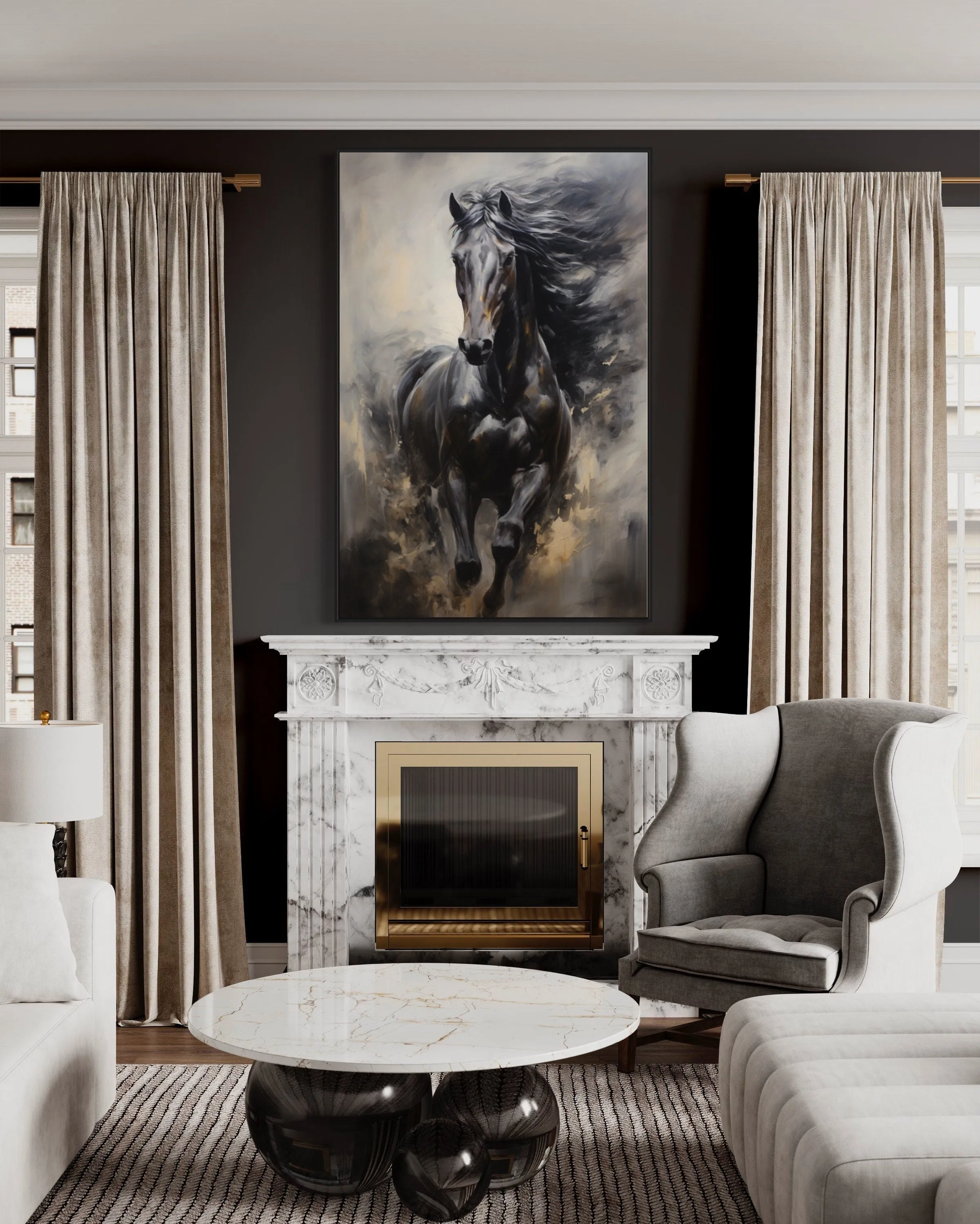 Black Horse Modern Abstract Vertical Painting Extra Large Framed Canvas Wall Art
