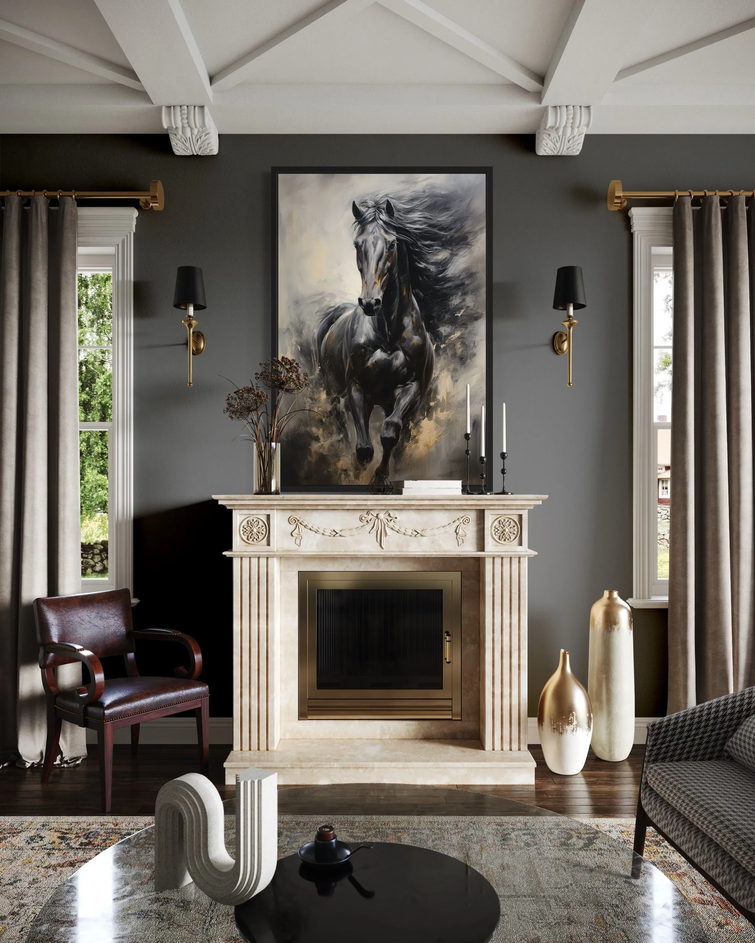Black Horse Modern Abstract Vertical Painting Extra Large Framed Canvas Wall Art