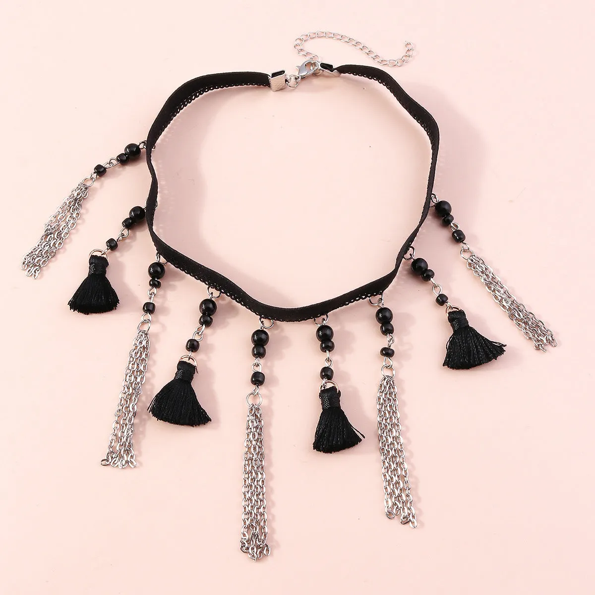 Black Howlite & Polster Silver-Plated Tassel Choker Necklace