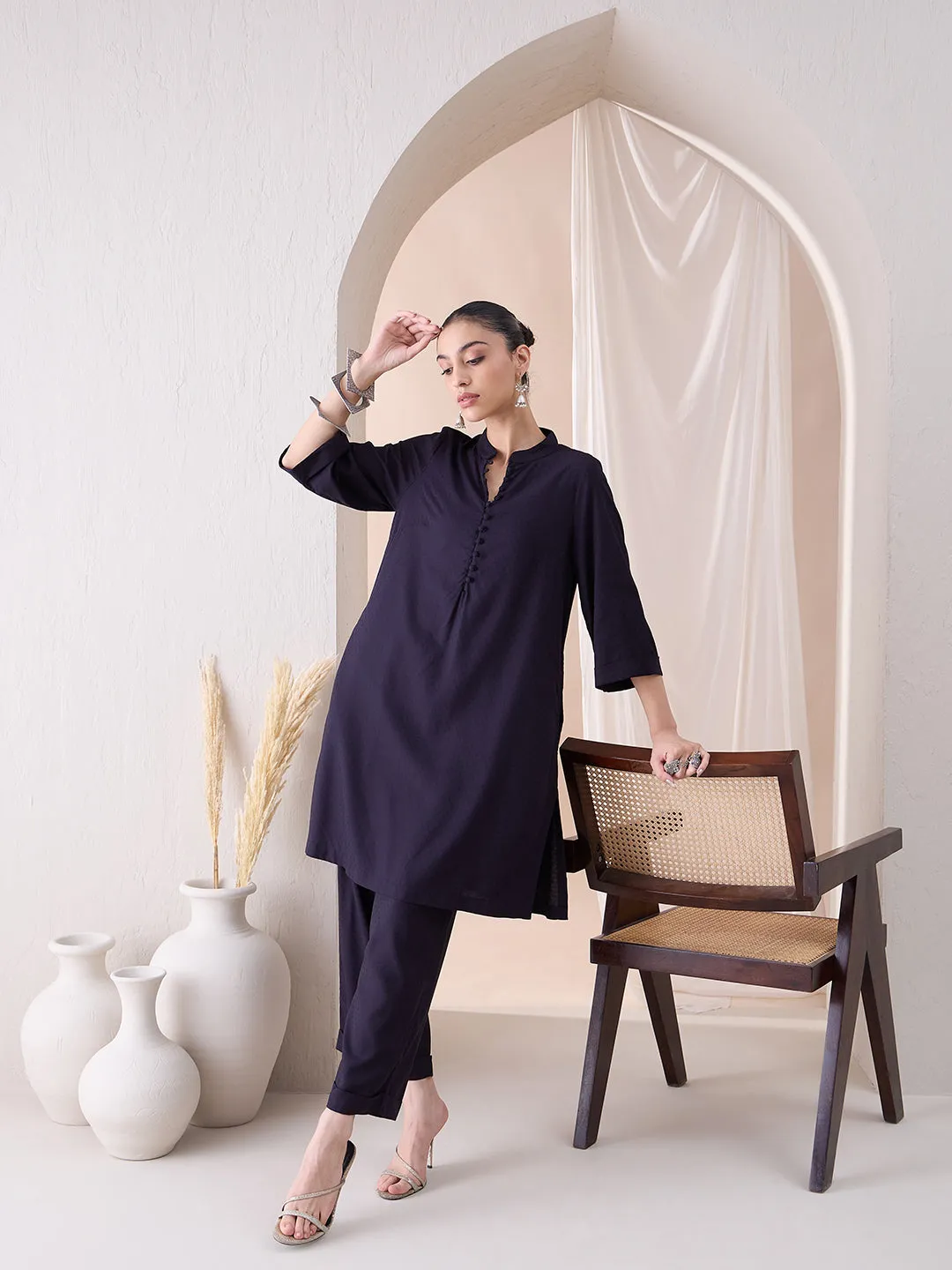 Black Roll-Up Sleeves Tunic With Roll-Up Pant