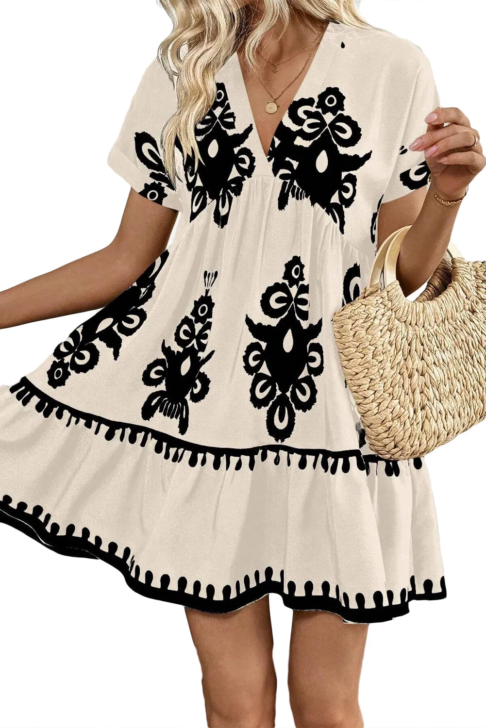 Black Vintage Print V Neck High Waist Short Sleeve Dress