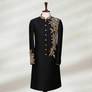 Black Wedding Sherwani With Gold Embroidery