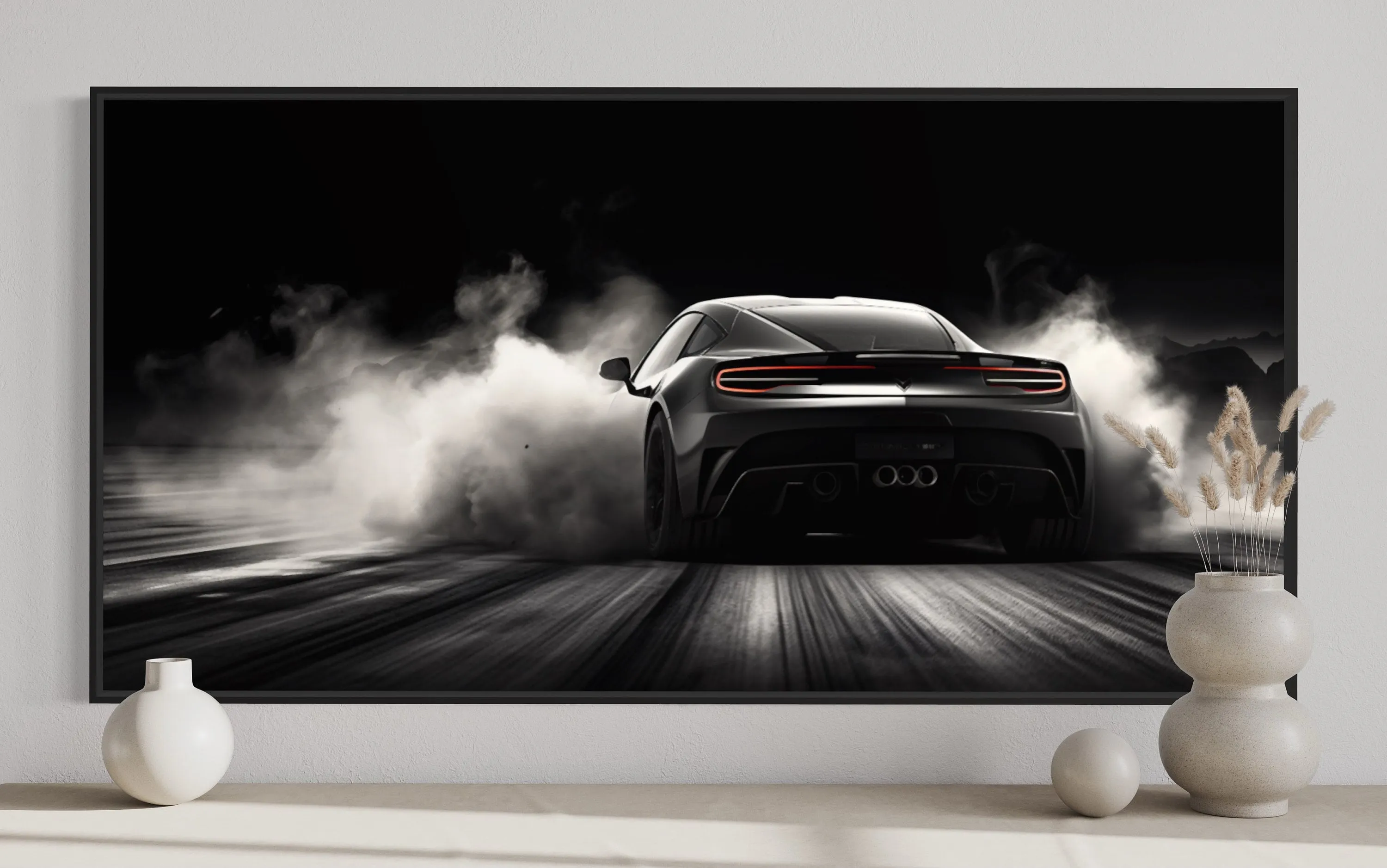 Black White Drifting Sports Car Framed Canvas Wall Art