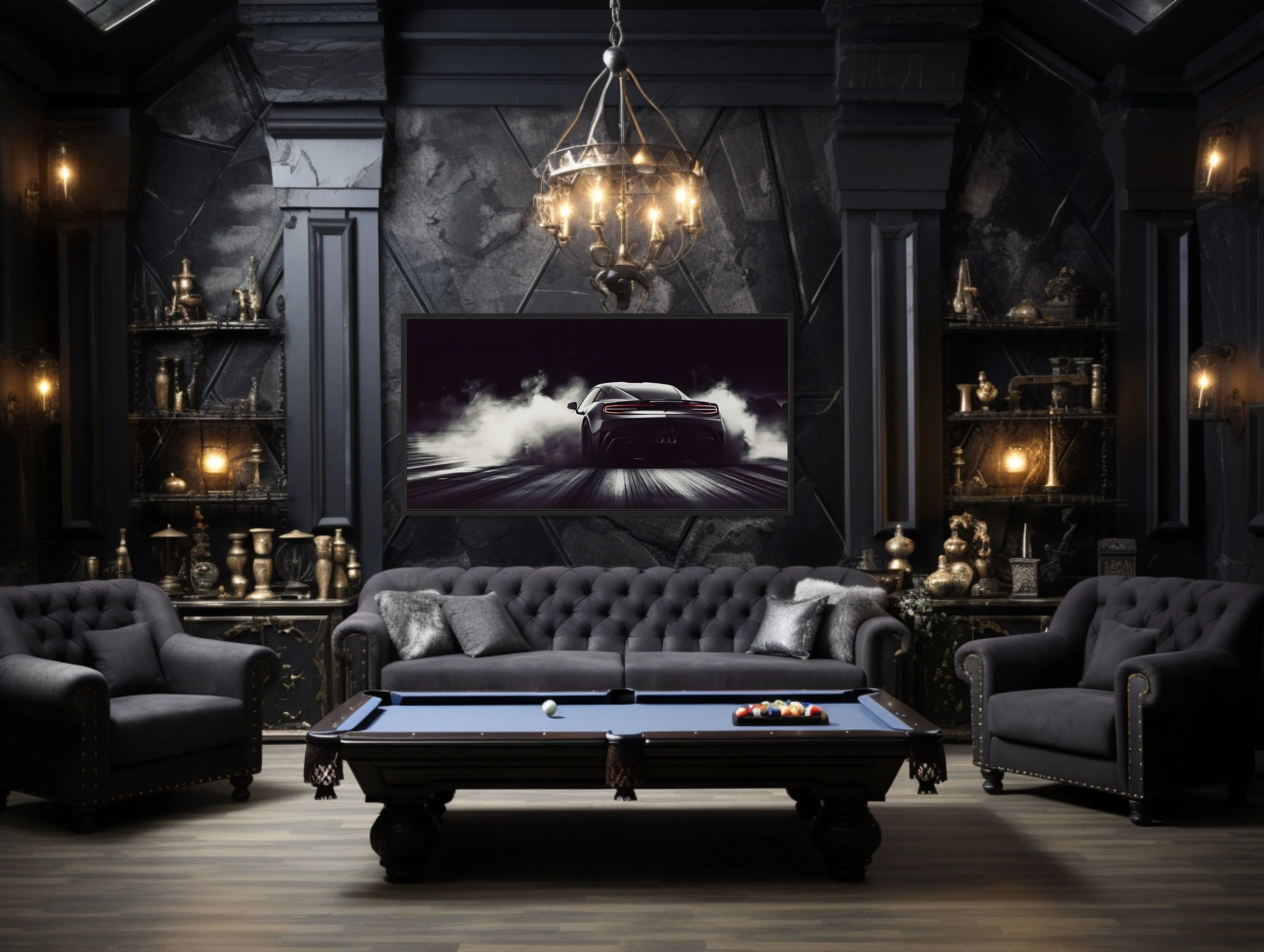 Black White Drifting Sports Car Framed Canvas Wall Art
