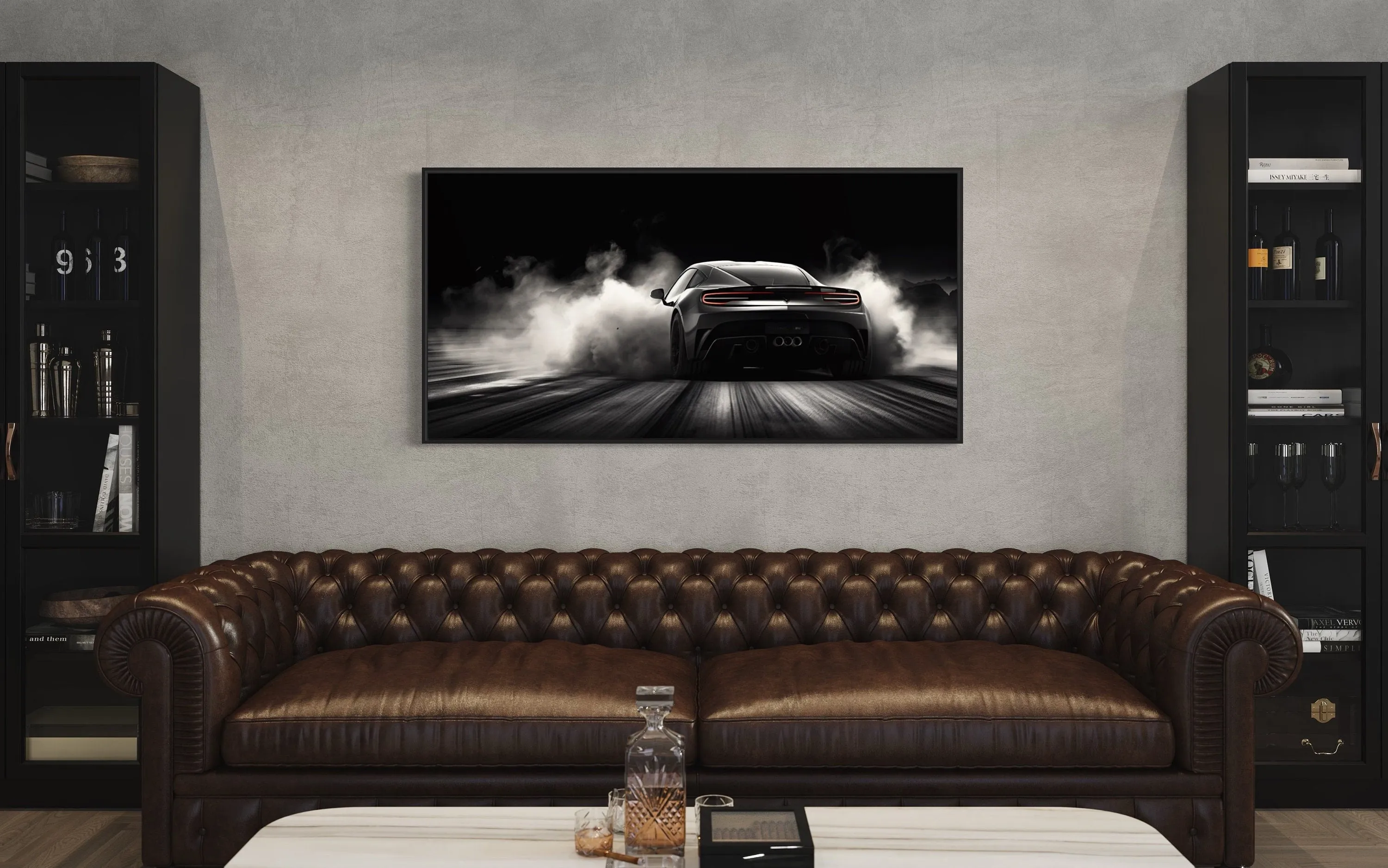 Black White Drifting Sports Car Framed Canvas Wall Art