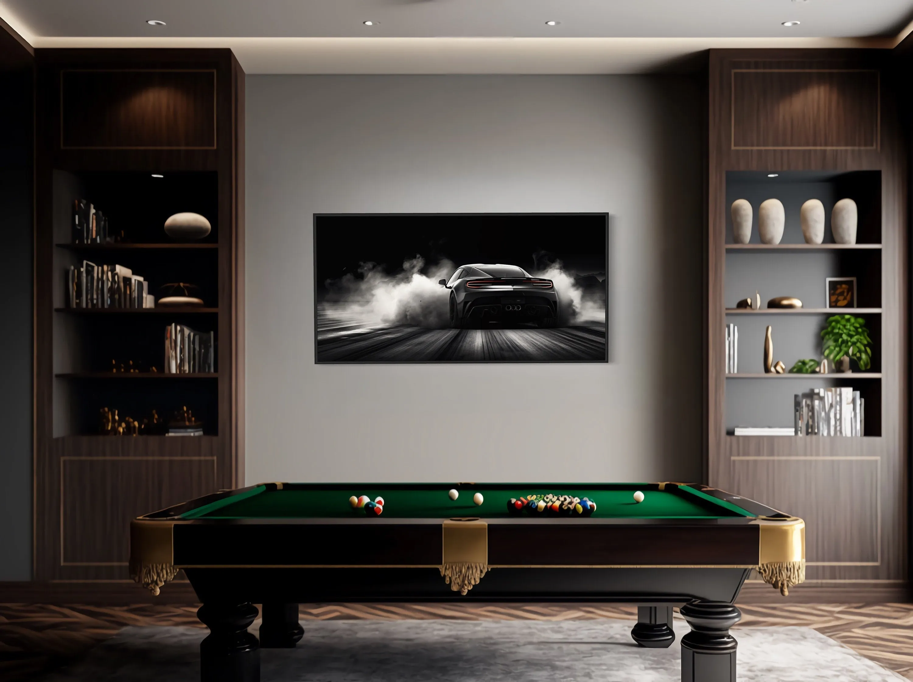 Black White Drifting Sports Car Framed Canvas Wall Art