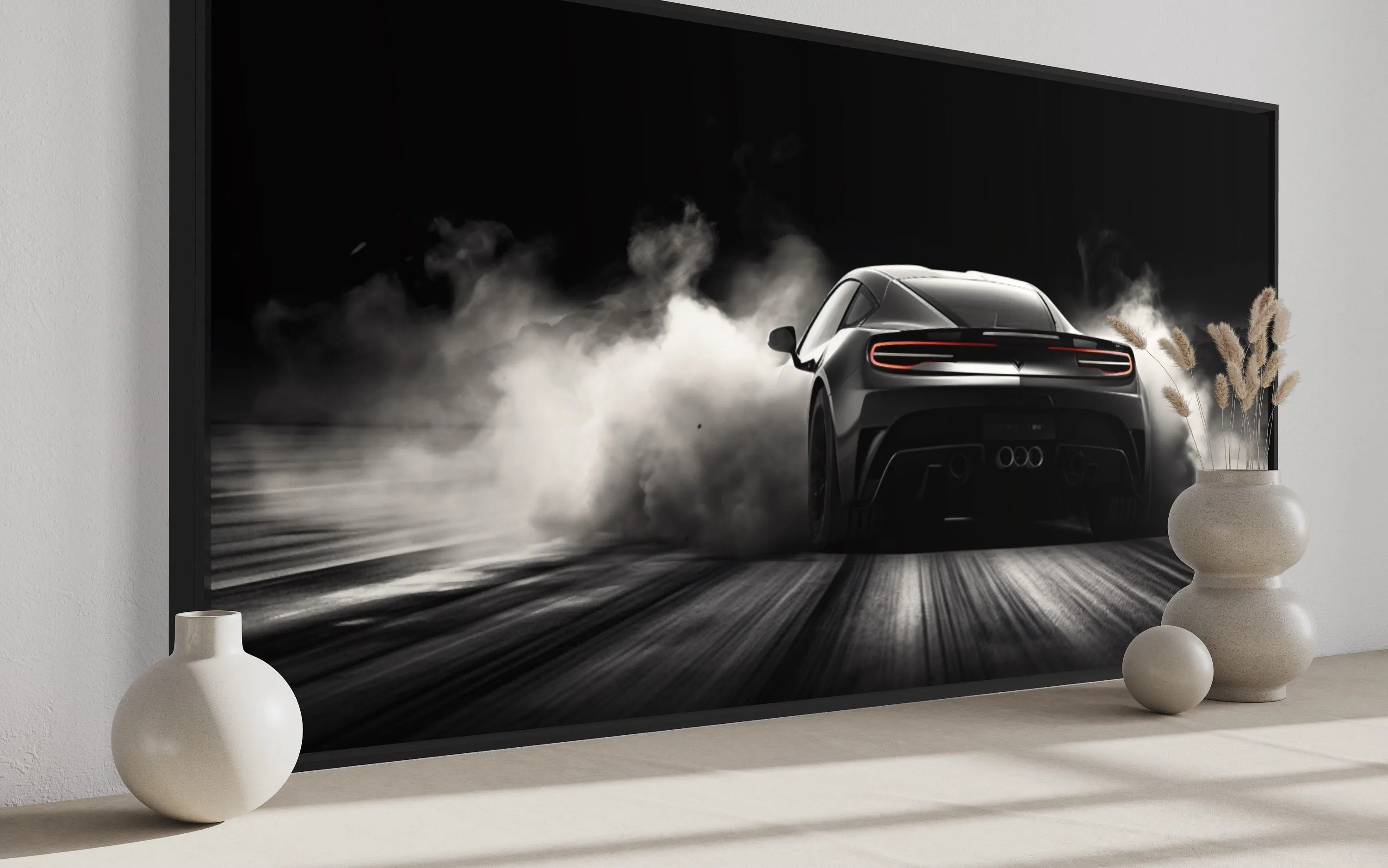 Black White Drifting Sports Car Framed Canvas Wall Art
