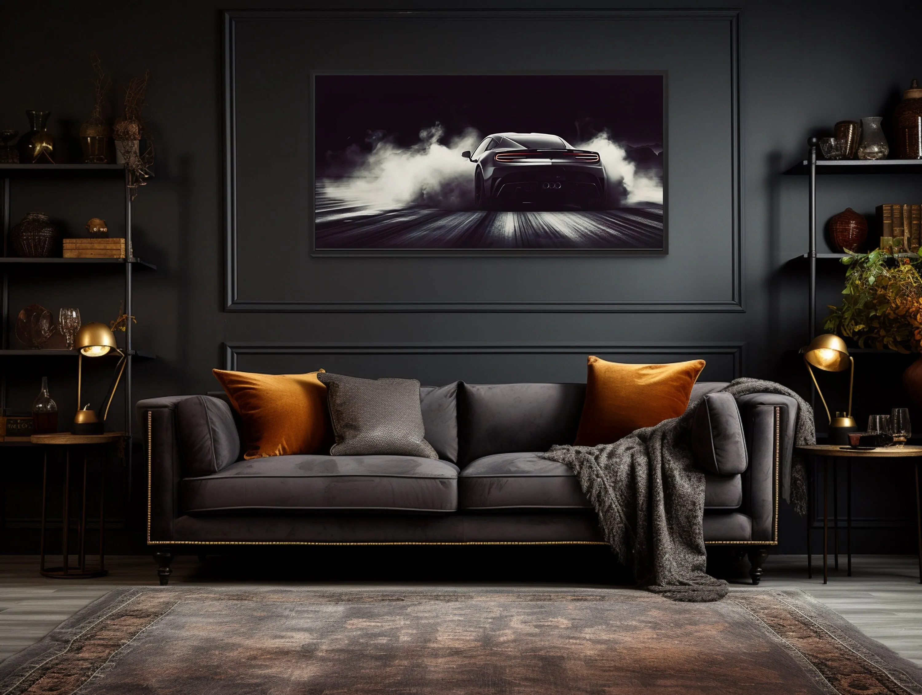 Black White Drifting Sports Car Framed Canvas Wall Art