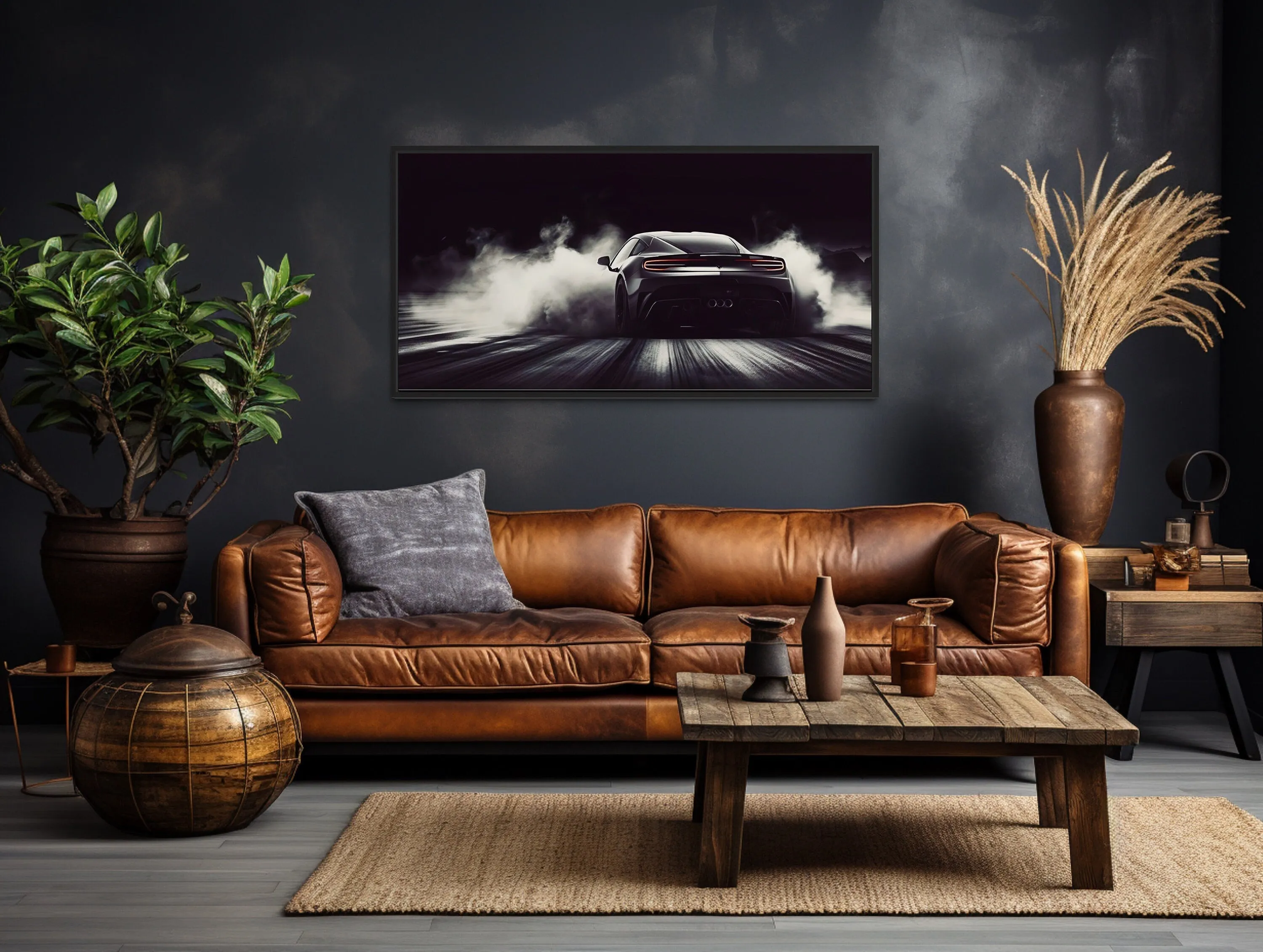 Black White Drifting Sports Car Framed Canvas Wall Art