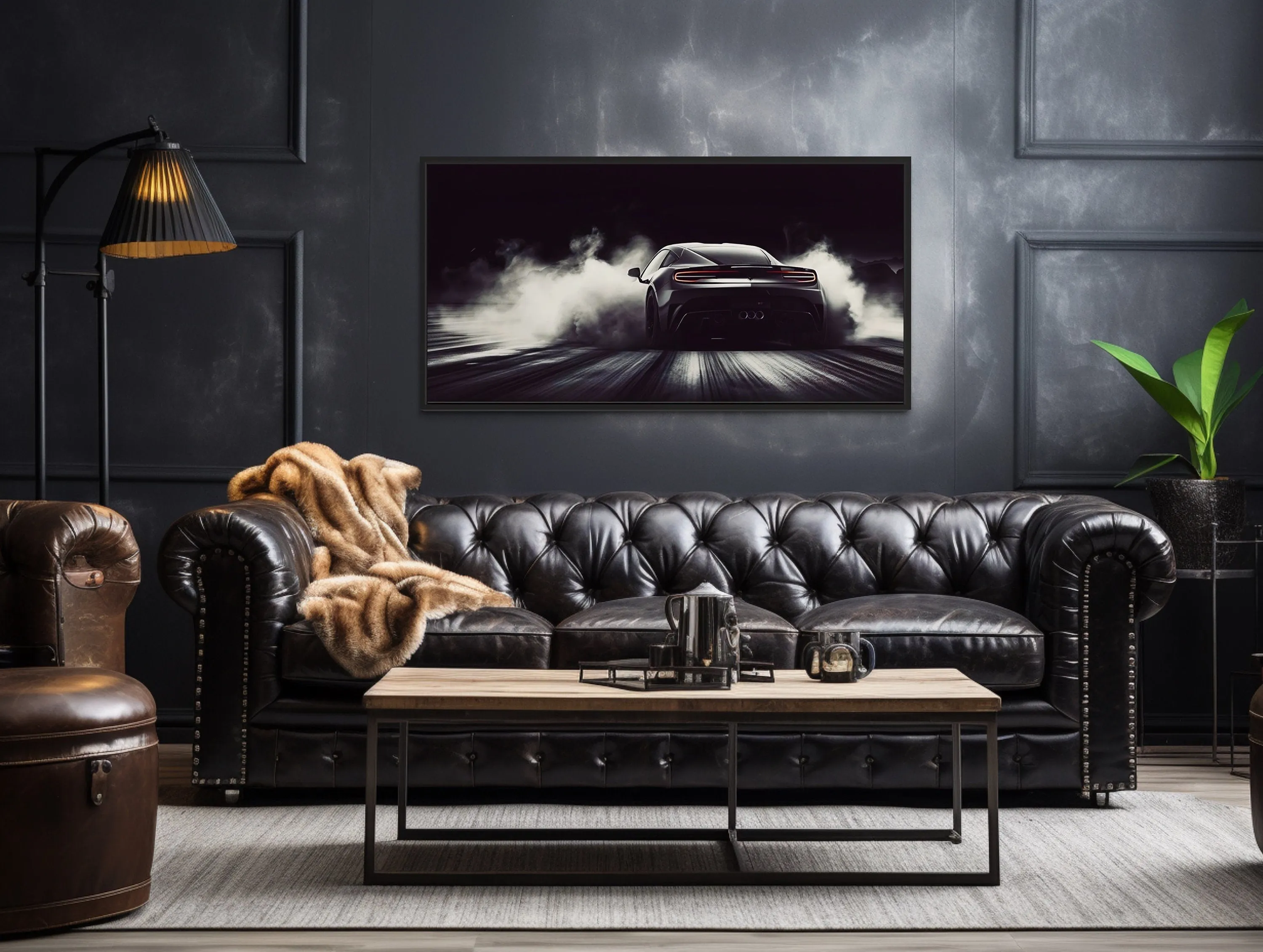 Black White Drifting Sports Car Framed Canvas Wall Art