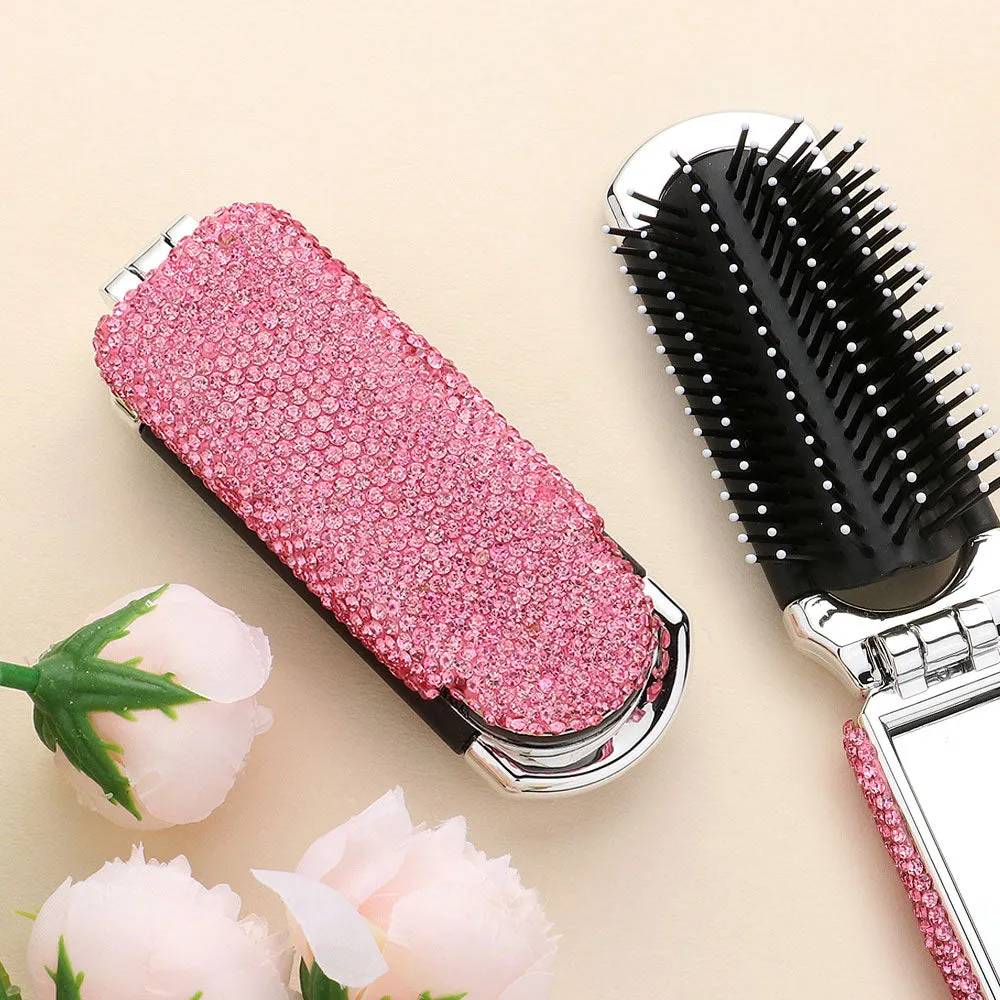 Bling Studded Portable Folding Mirror Hairbrush | MS0285