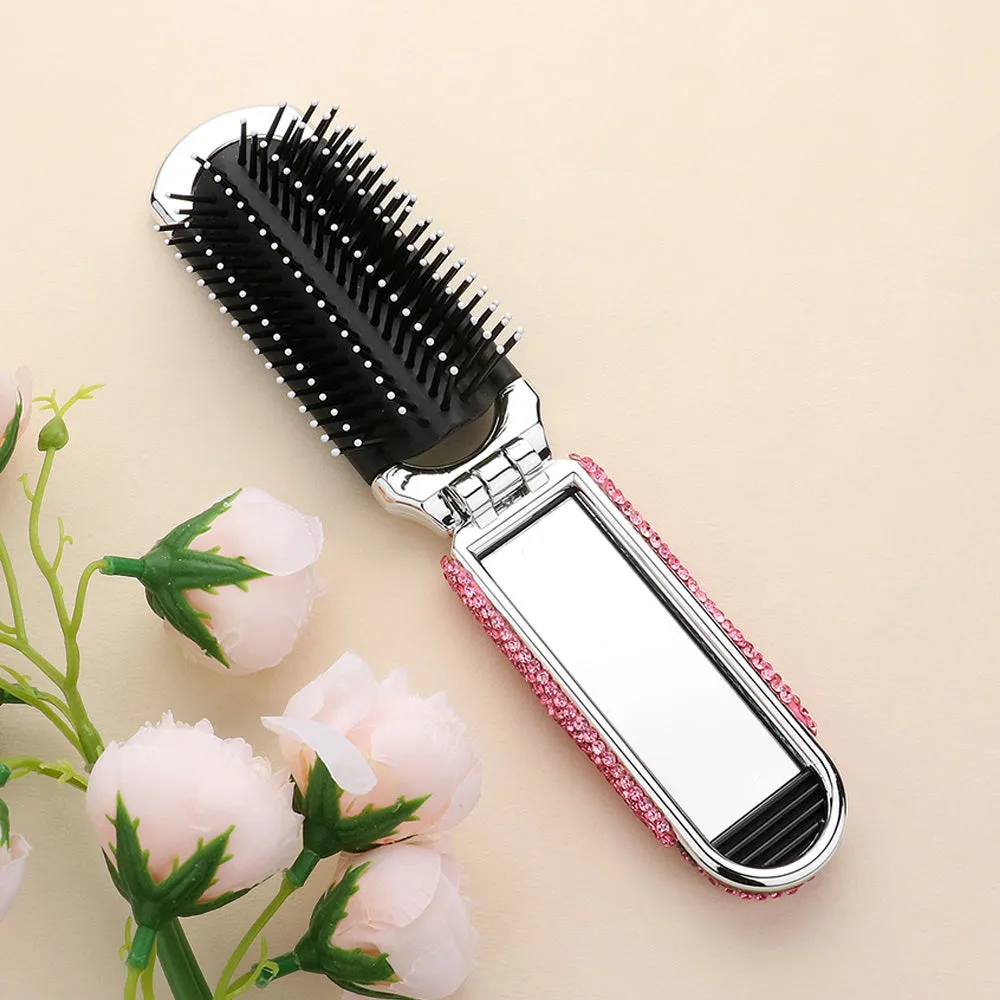 Bling Studded Portable Folding Mirror Hairbrush | MS0285