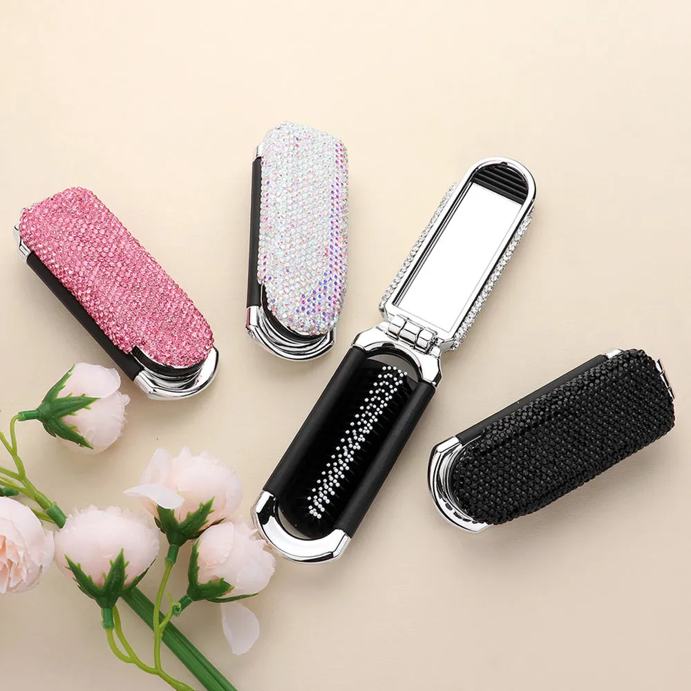 Bling Studded Portable Folding Mirror Hairbrush | MS0285